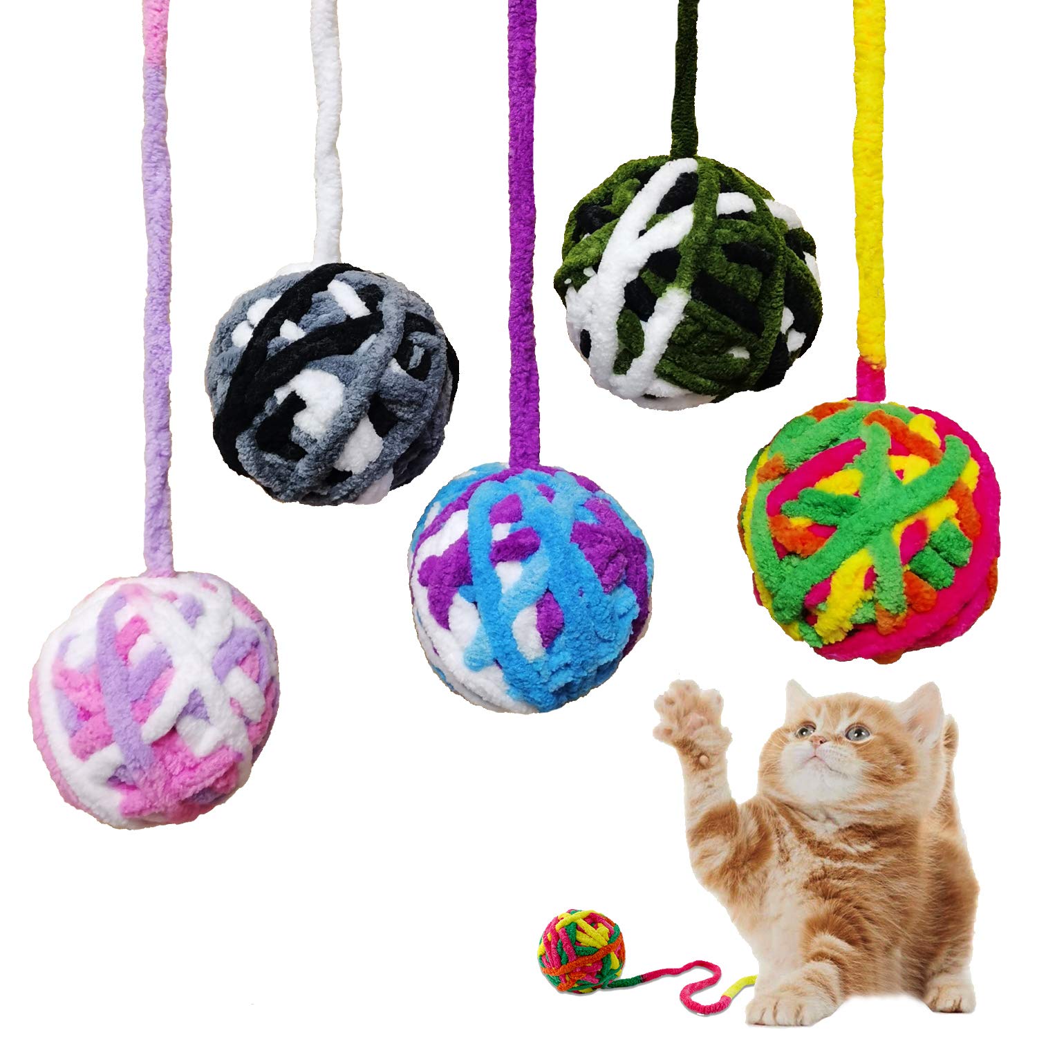 MAIYU Cat Balls - 5 Pack Colorful Yarn Cat Toys with Jingle Bells, Interactive Kitten Play Balls for Indoor Play, Exercise & Mental Stimulation