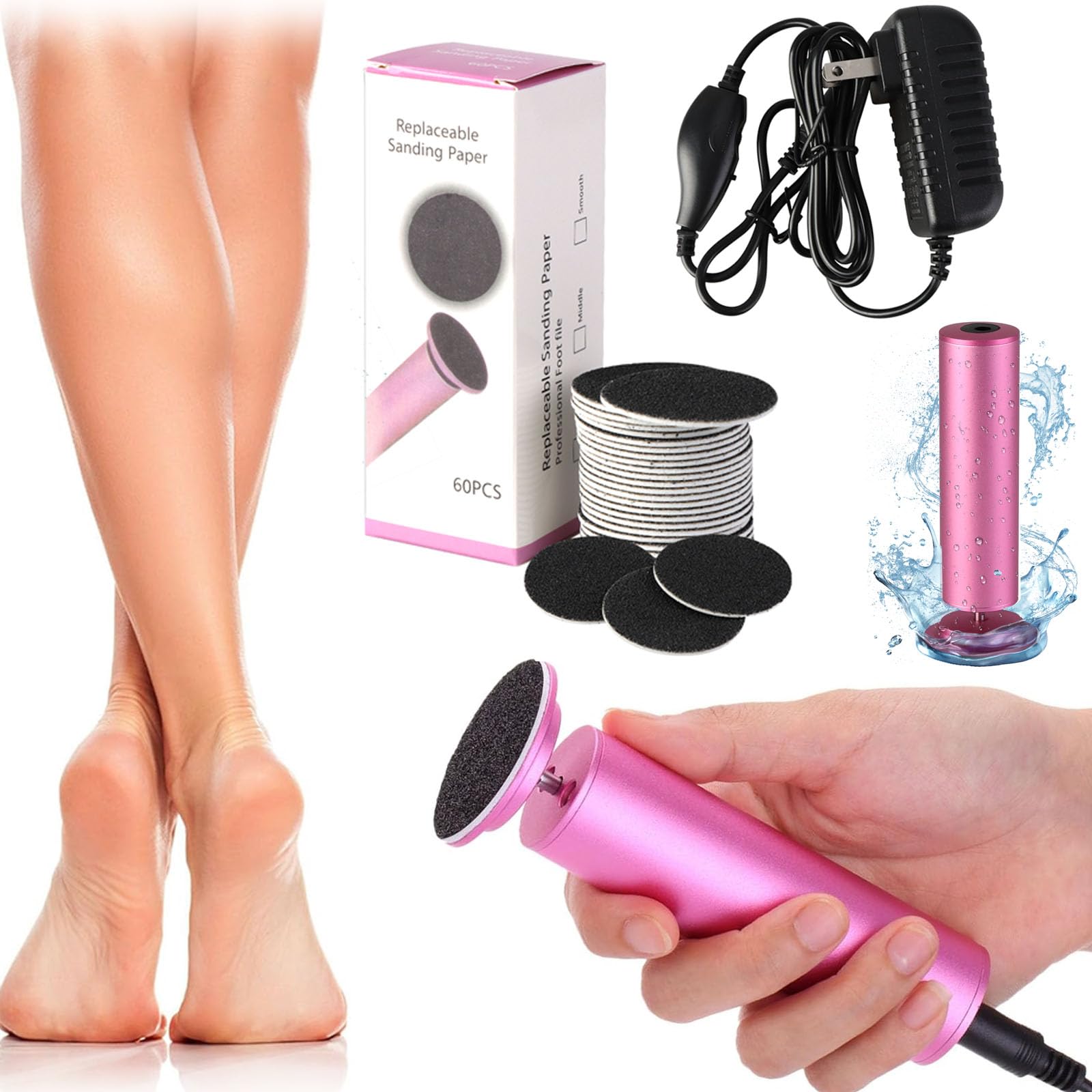 Electric Foot File Callus Remover with Speed Control - 60pcs Replacement Sandpaper Disks for Dead Dry Cracked Skin - Pedicure Tool for Men & Women - Perfect for Home Spa, Foot Care and Soft Smooth Heels