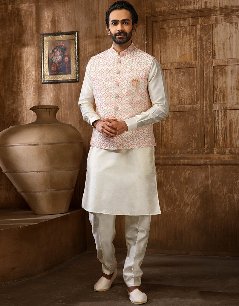 Elegant Cream Kurta with Art Embroidered Banarasi Silk Aligadhi Pant Set for Women | Traditional Indian Ethnic Wear for Festivals, Weddings & Special Occasions