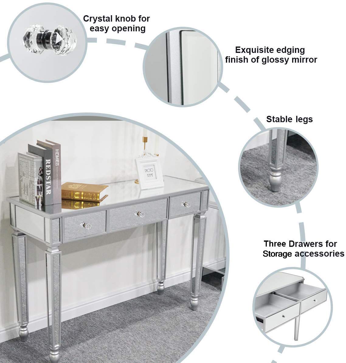 Modern Silver SSLine Mirrored Console Table - Makeup Vanity Dressing Table with 3 Drawers, Sofa Side Table & Media Desk for Bedroom, Entryway, Home Office & Hallway Decor