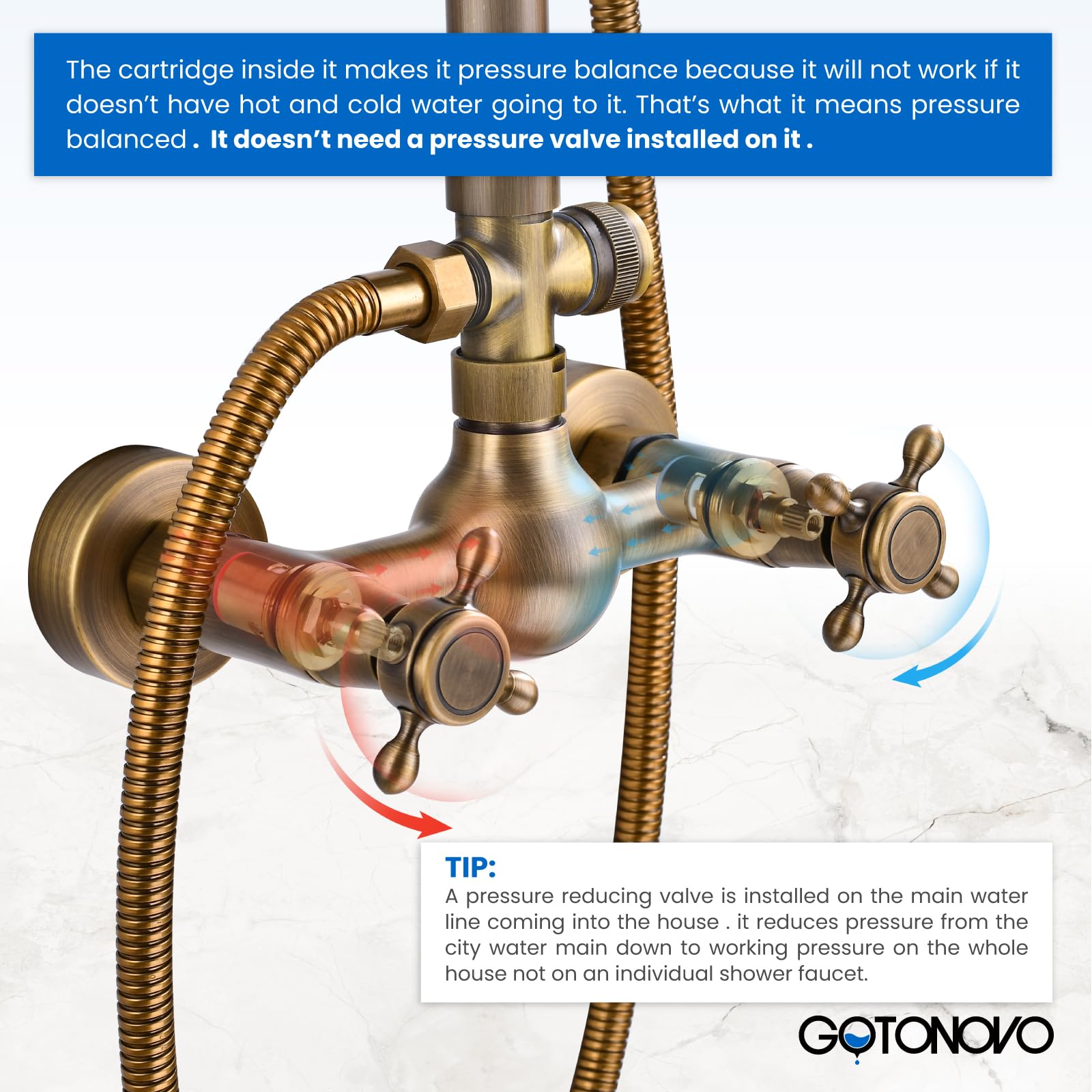 Gotonovo 8 Inch Exposed Bathroom Shower Faucet Set - Antique Brass Rainfall Shower Head & Handheld Shower Combo with Cross Handle Wall Mount (2 Functions) for Luxurious Spa-Like Bathroom Experience
