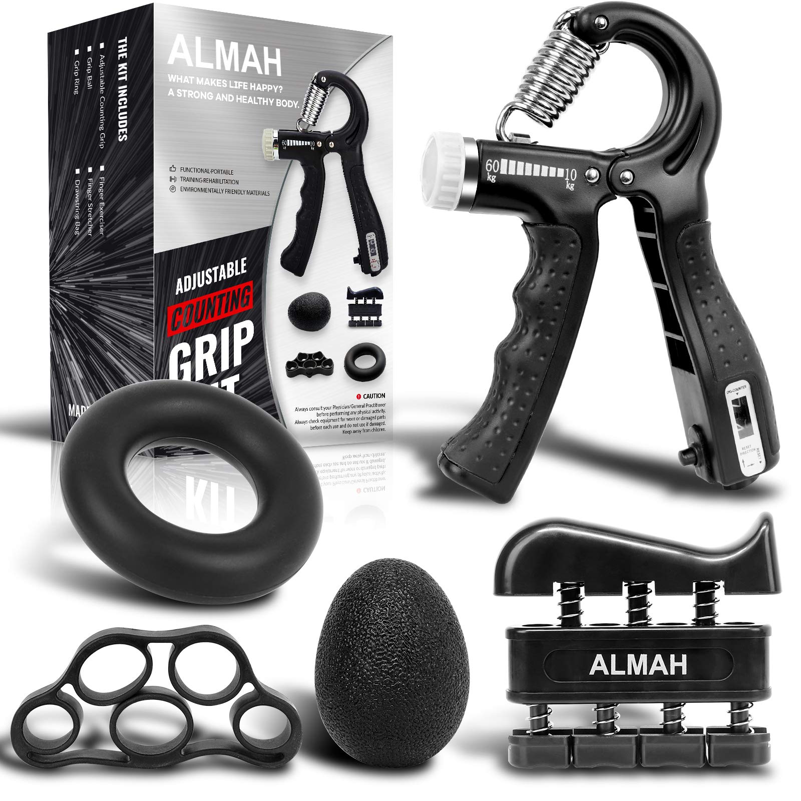 ALMAH 5-Pack Adjustable Hand Grip Strengthener Kit - Forearm & Finger Strength Trainer with Resistance Bands, Stress Relief Ball & Carry Bag - Perfect for Home Gym, Physical Therapy & Office Stress Relief