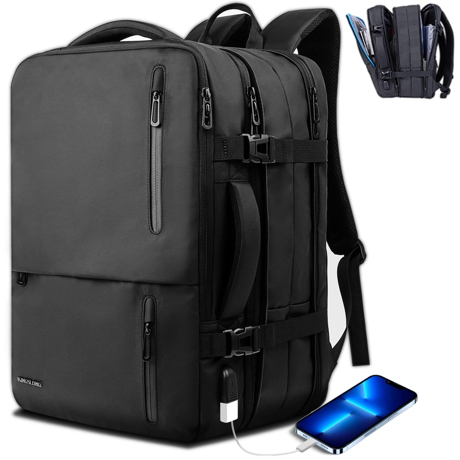 TPAID 40L Expandable Travel Backpack for Men - Flight Approved Carry On Backpack with USB Charging Port & 17 Inch Laptop Compartment - Lightweight Business School Backpack (Black) - Perfect for Air Travel, Commuting & Outdoor Adventures