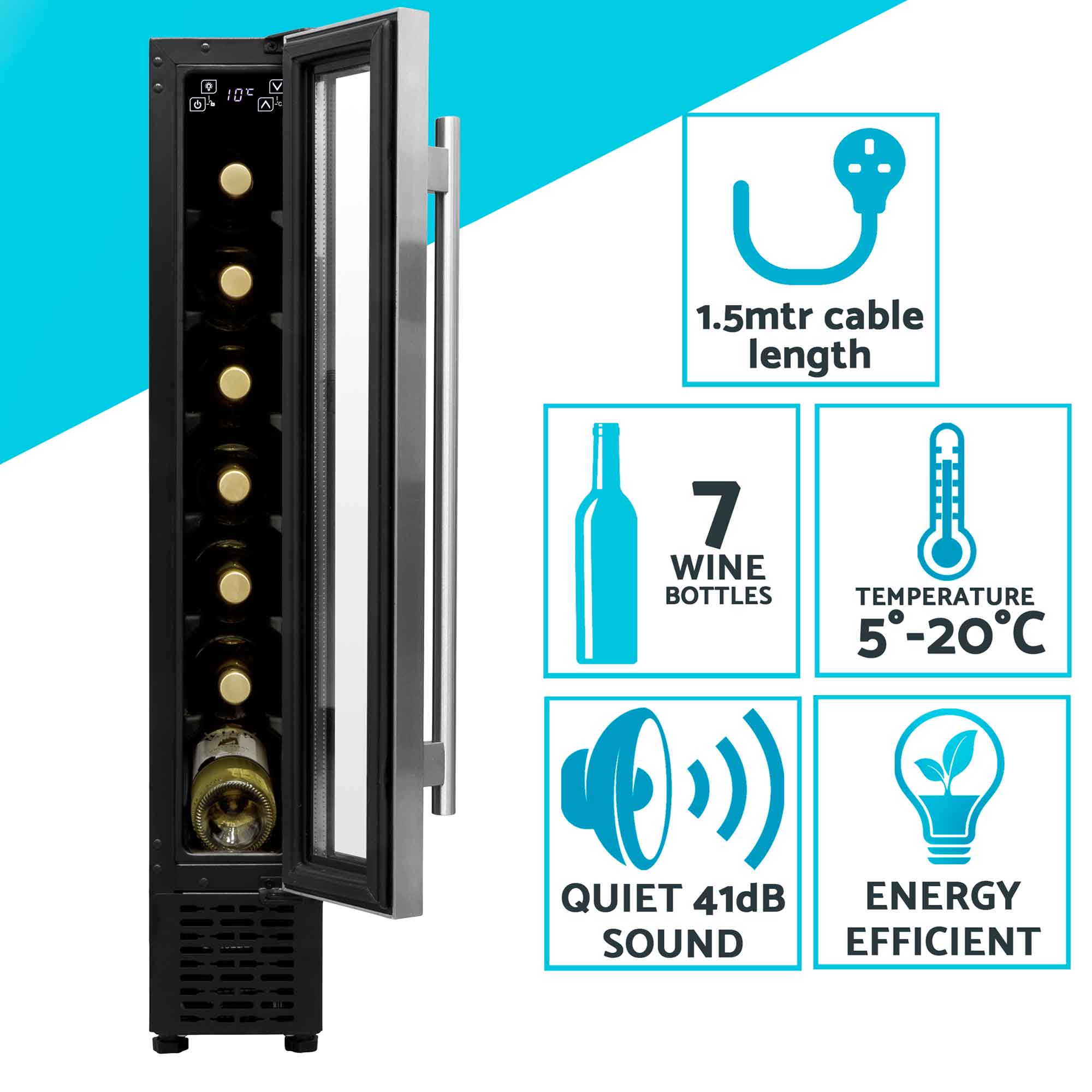 Baridi 7 Bottle 15cm Slim Wine Cooler with Digital Touch Screen Controls - Stainless Steel Wine Refrigerator for Kitchen, Bar, Office | Compact & Energy Efficient DH77