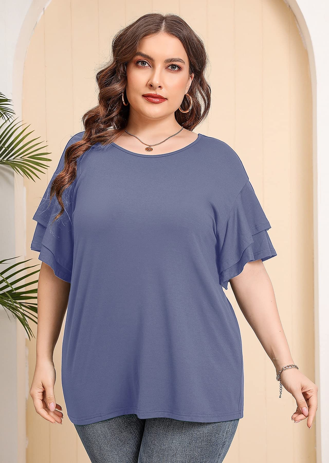 Plus Size Tunic for Women - Double Ruffle Short Sleeve Loose Fit Flowy Shirt | Summer Casual Top for Work, Vacation & Everyday Wear | AusLook Women's Fashion