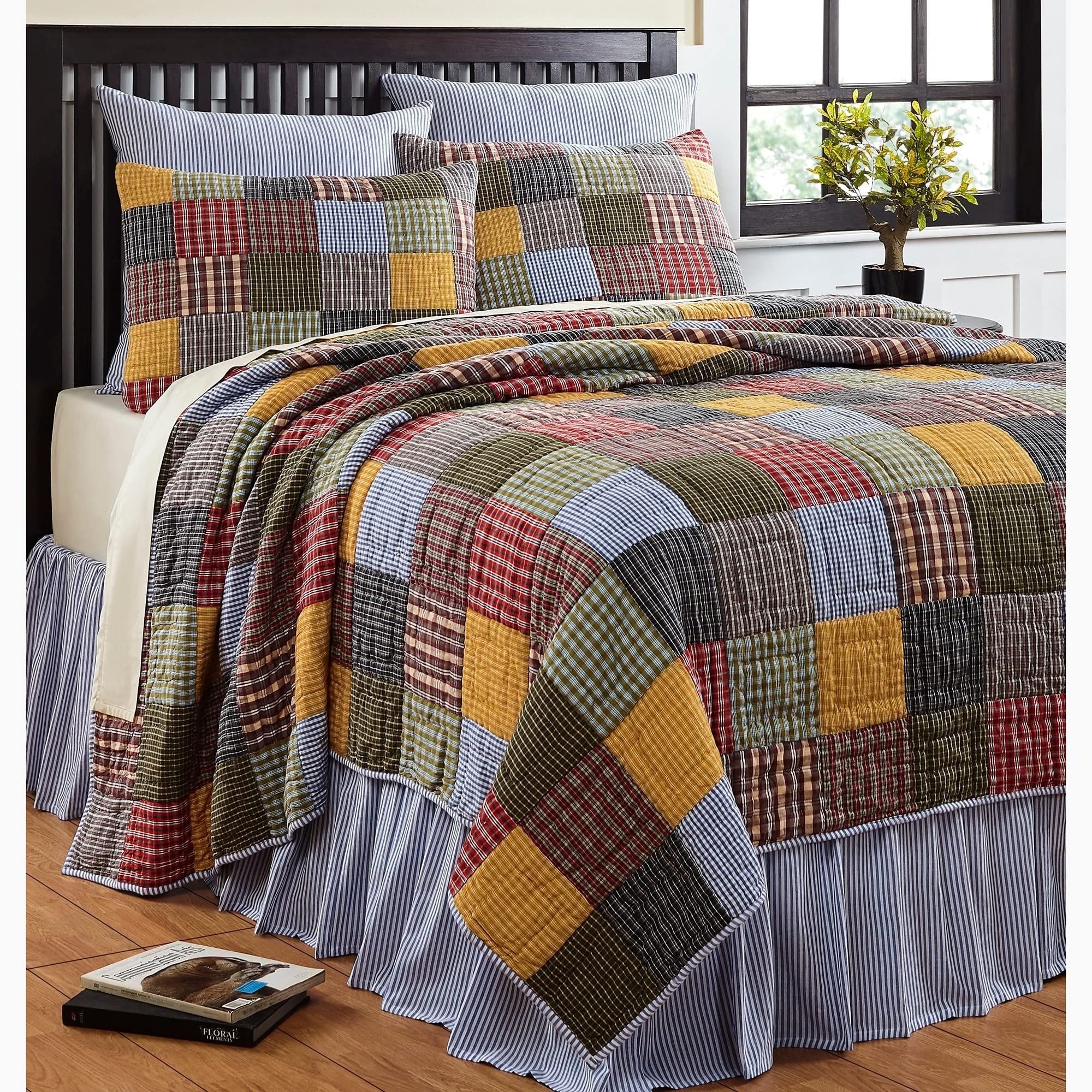 Reversible Cotton 3-Piece Quilt Set - Yellow, Blue & Green Queen Size Bedding for Cozy Home Decor & Guest Room Essentials
