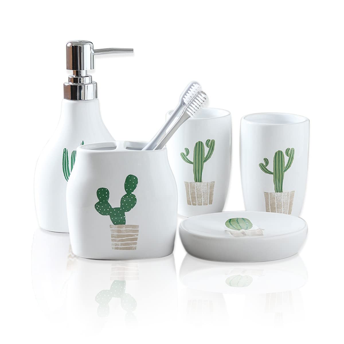 Cactus Bathroom Accessory Set - 5 Piece Western Style Bathroom Decor with Toothbrush Holder, Lotion Dispenser & Soap Dish in White & Green | Perfect for Southwestern, Boho & Farmhouse Bathroom Decor