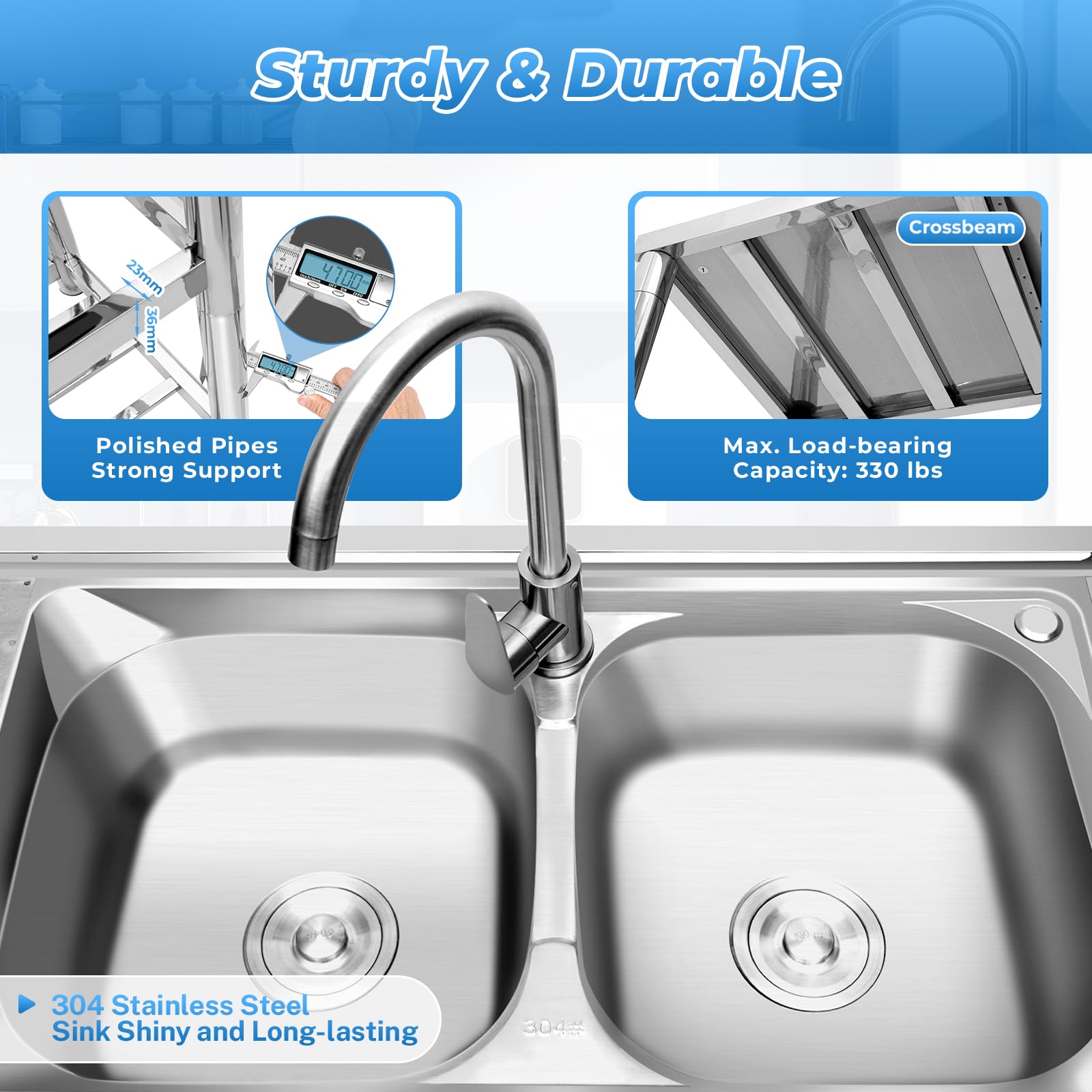 **Commercial 304 Stainless Steel Double Bowl Restaurant Sink with Storage Shelves & Drainer Faucet Combo – Heavy-Duty Kitchen Utility Sink for Restaurants, Cafes, and Food Prep Areas**