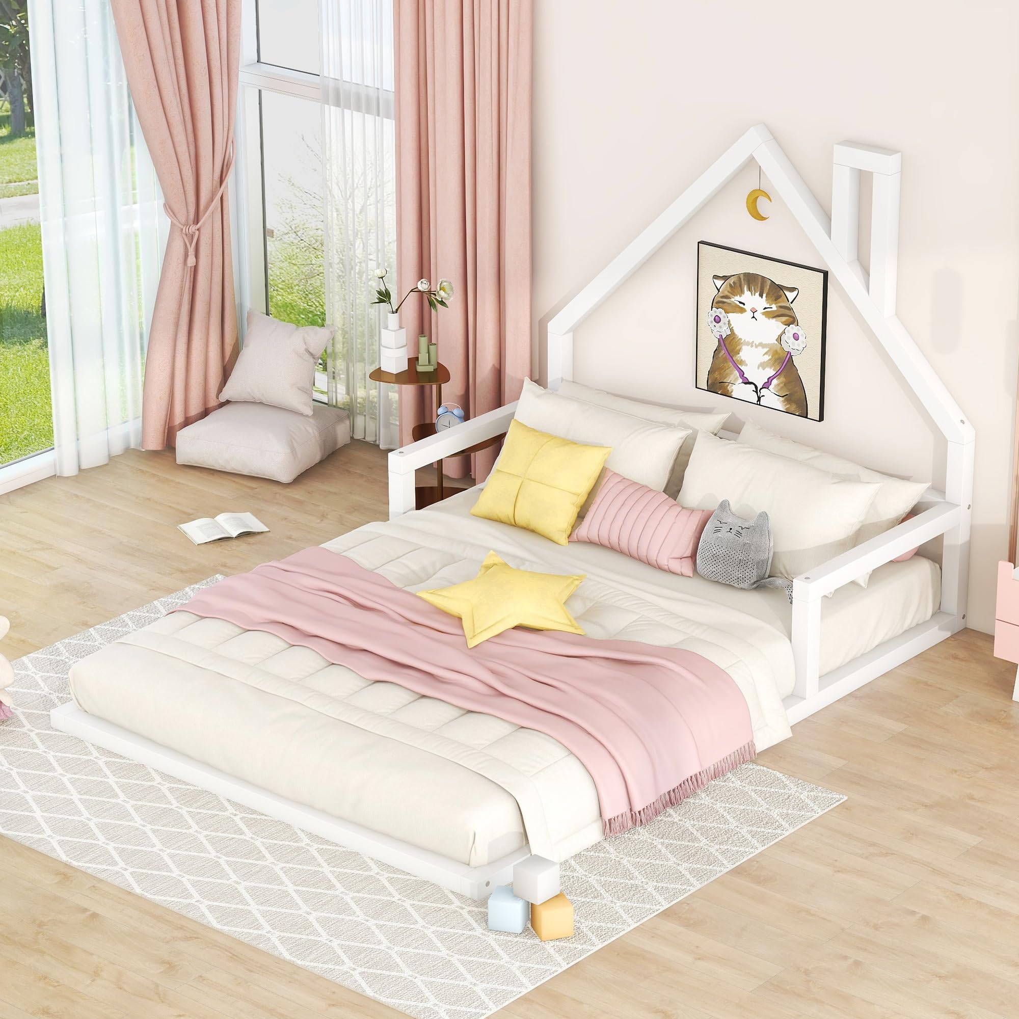 Merax Full Size Wooden Floor Bed with House-Shaped Headboard - Kids Bedroom Furniture, Playhouse Style Bed for Toddlers & Children, Perfect for Nursery, Playroom or Bedroom Decor