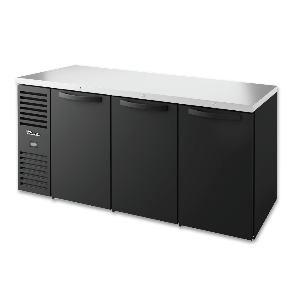 True 72 Back Bar Refrigerator with 3 Solid Doors - Black Powder Coated Commercial Refrigerator for Bars, Restaurants & Catering Businesses