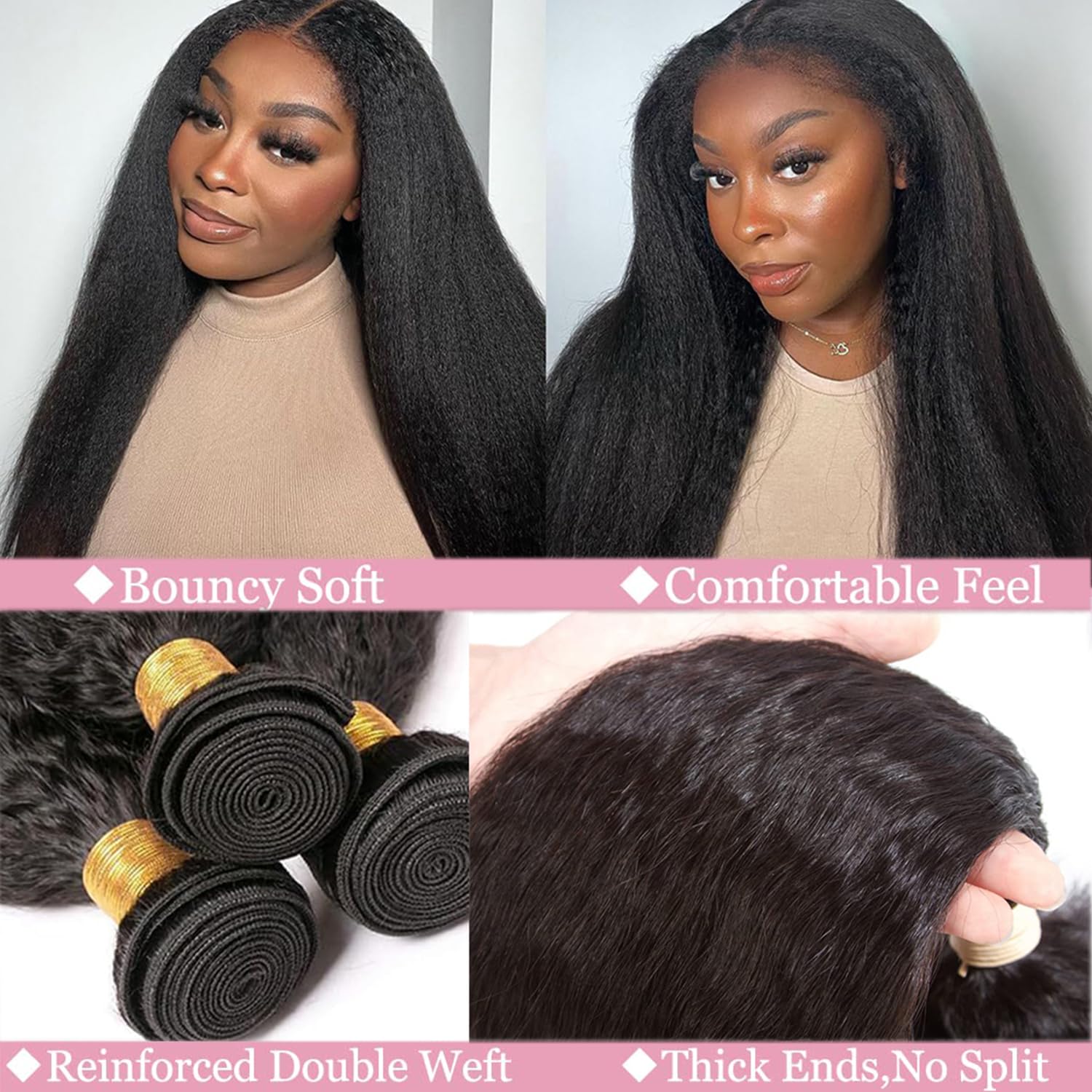 18 20 22 Inch Kinky Straight Human Hair Bundles - 100% Unprocessed Brazilian Virgin Hair Extensions for Quick Weave | Yaki Straight Texture | Natural Black Color | Perfect for Daily Wear, Styling, and Protective Hairstyles