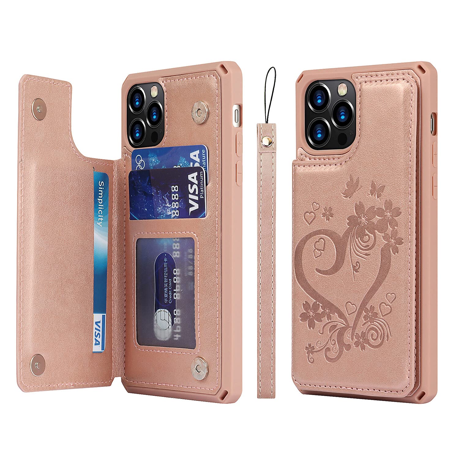 Premium Leather Wallet Case for iPhone 12/12 Pro - Shockproof Protective Cover with Card Holder, Stand & Wrist Strap (Rose Gold) | Perfect for Business, Travel & Everyday Use