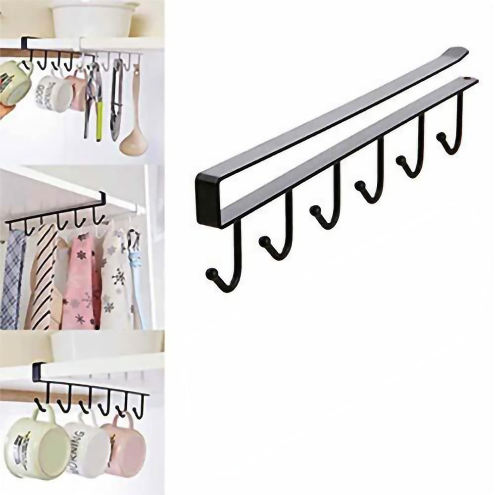 HOMIK Under Cabinet Mug Holder - 6 Hook Metal Coffee Cup Rack Organizer for Kitchen Counter, Cabinet & Table - Space Saving Black Storage Stand (Pack of 1) | Perfect for Small Kitchens, Dorms & Office Break Rooms