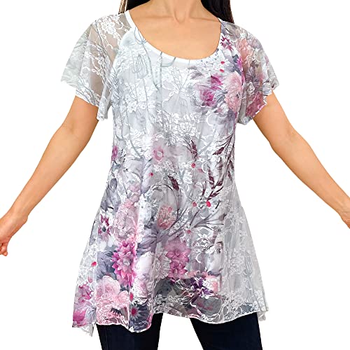 Flutter Short Sleeve - Mixed Pink Floral/White Stretch Lace