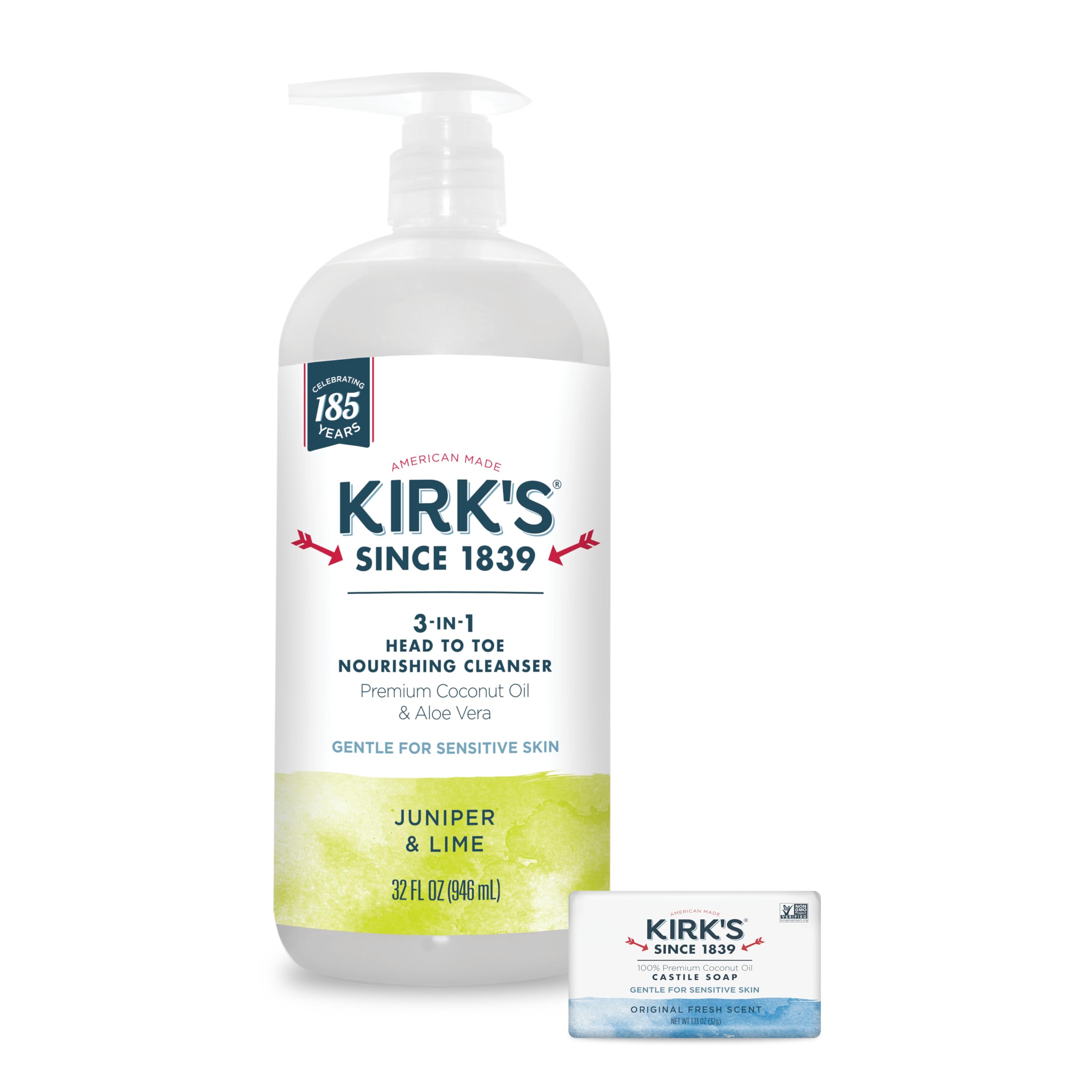 Kirk's 3-in-1 Castile Liquid Soap Travel Size (1.13 oz) - Natural Head-to-Toe Cleanser for Men, Women & Kids | Shampoo, Face Wash & Body Soap | Refreshing Juniper & Lime Scent | Perfect for Travel, Camping & Gym Bags | 32 Fl Oz Bottle