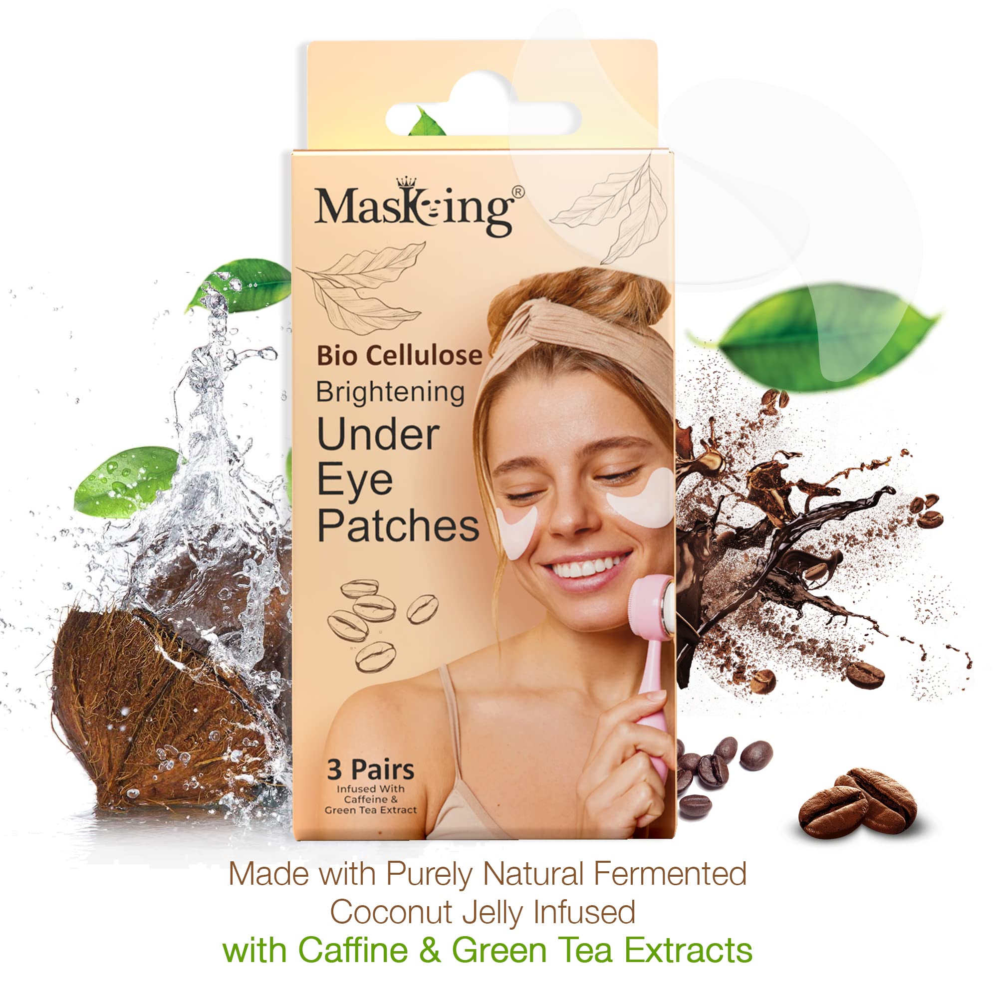 Cooling Bio Cellulose Under Eye Patches with Caffeine & Green Tea - Reduce Dark Circles & Puffiness - 3 Pairs (Pack of 1) - Perfect for Morning Skincare Routine & Travel