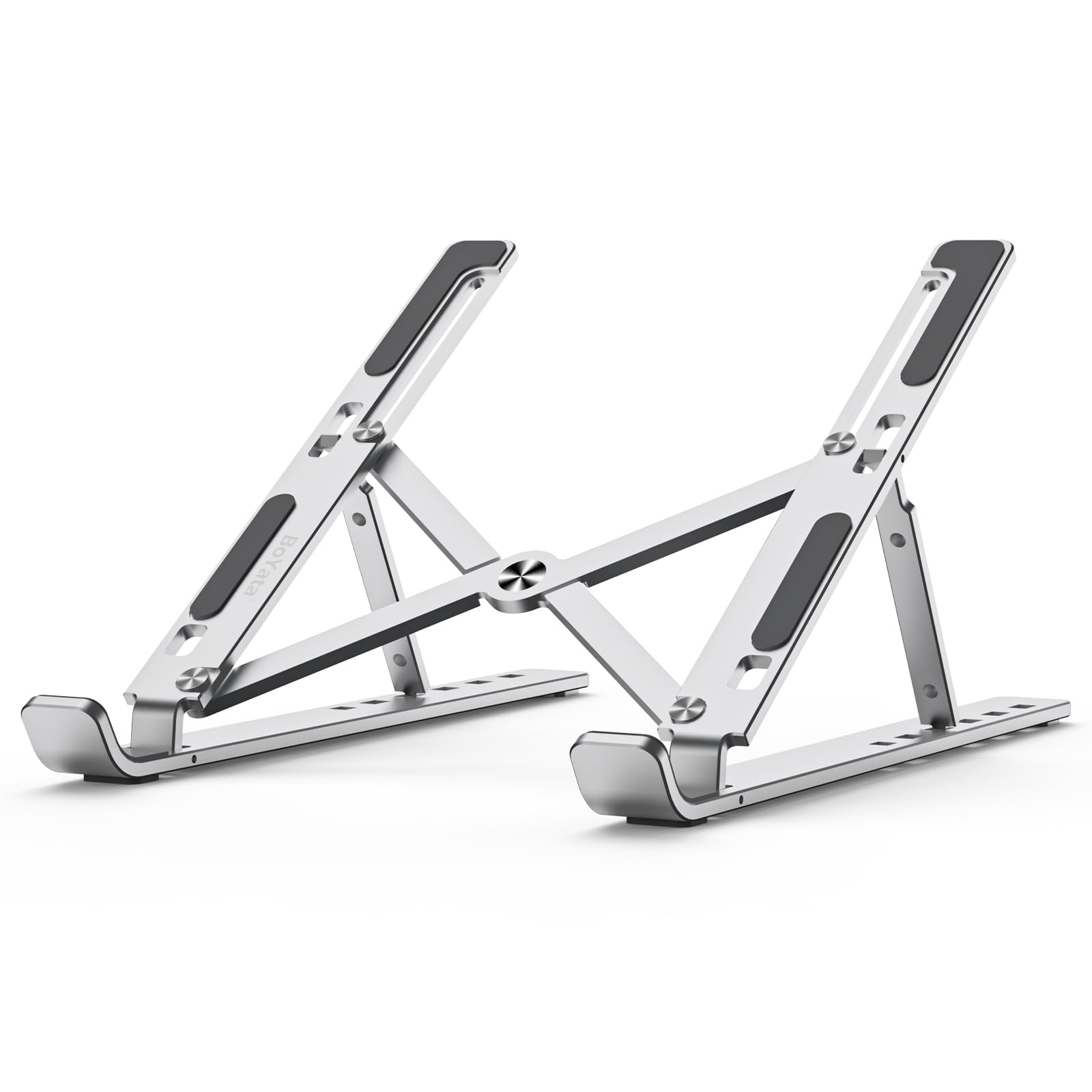 BoYata Aluminum Laptop Stand - Portable & Foldable Laptop Riser with 6 Adjustable Heights for MacBook, HP, Lenovo, Dell 10-15.6 Inch Laptops - Ergonomic Desk Stand for Home Office, Gaming & Workstation (Silver)