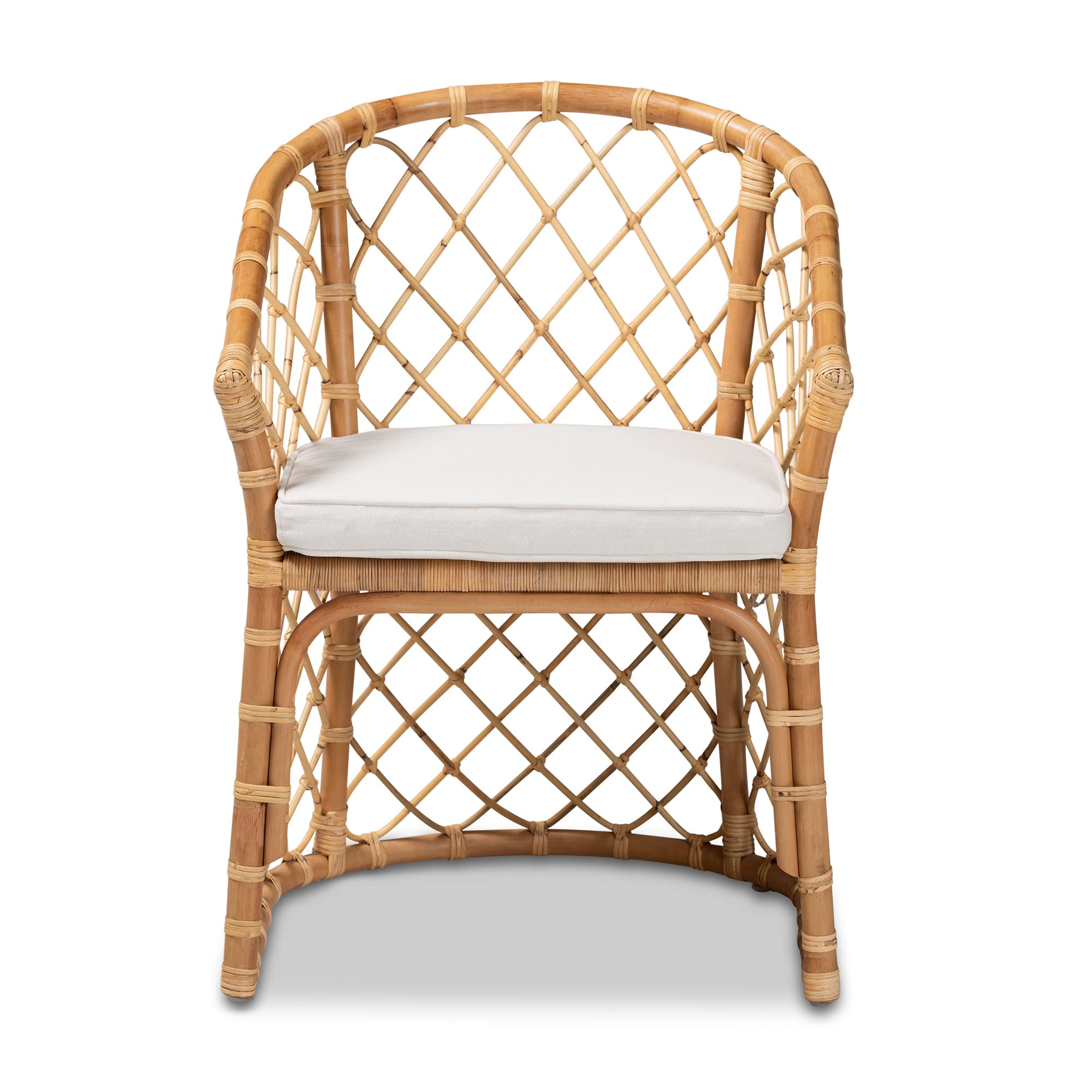 Baxton Studio Orchard Dining Chair - White Fabric Upholstered with Natural Brown Rattan - Modern Kitchen & Dining Room Furniture for Home Decor