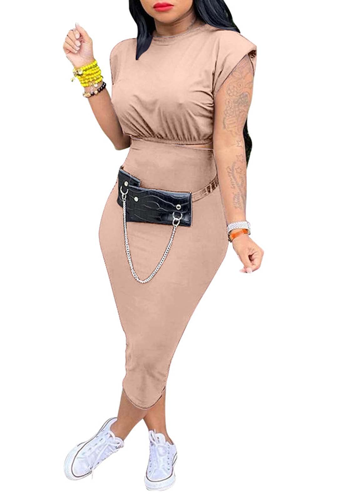 Remelon Women's Sexy Two Piece Outfit - Cap Sleeve Crop Top & Bodycon Pencil Maxi Skirt Set | 2 Piece Dress for Date Night, Cocktail Party & Summer Vacation