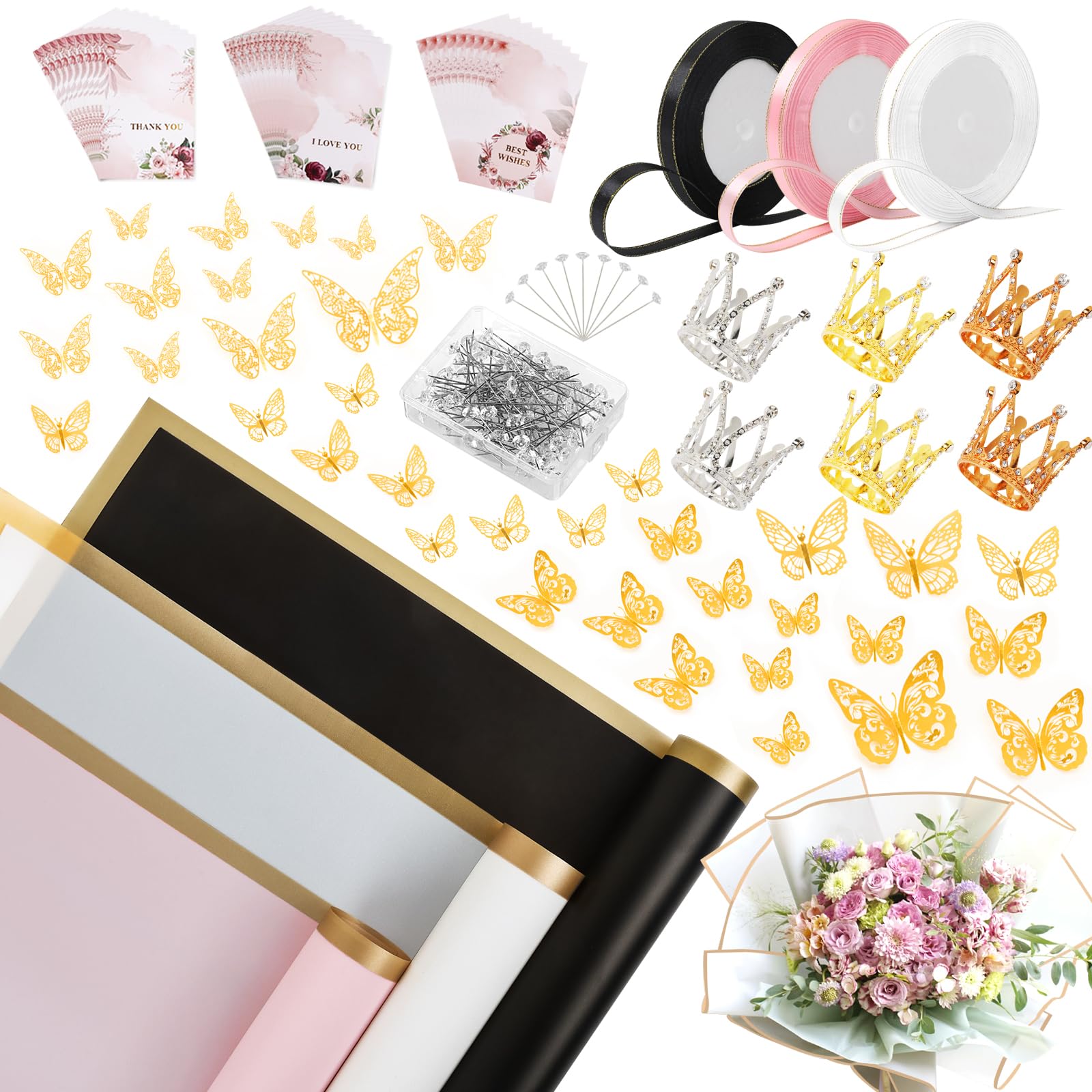 60 Sheets Floral Wrapping Paper Set - 3 Elegant Colors (Black, Rose Pink, White) for Wedding Bouquets, Birthday Gifts & Special Occasions | Includes 3 Rolls Ribbon, 3D Butterflies & Crown Accents | Perfect for Flower Arrangements, Gift Wrapping & DIY Craft Projects