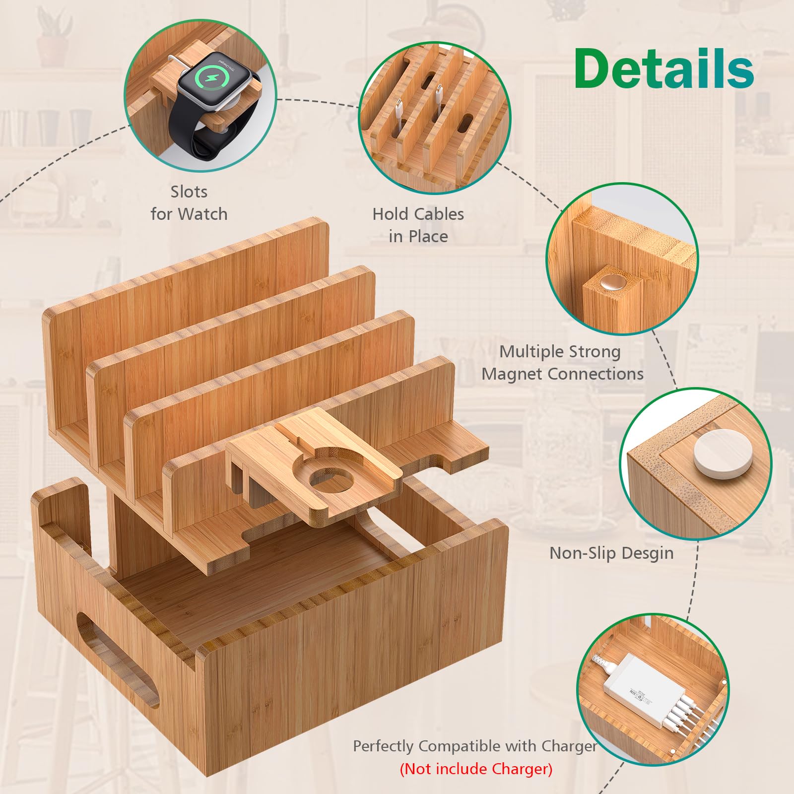 Pezin & Hulin Bamboo Multi-Device Charging Station - 6-in-1 Desk Organizer Dock for iPhone, Samsung, AirPods, Smartwatch & Tablet - Cord Management Solution for Home & Office (No Wall Charger Included)