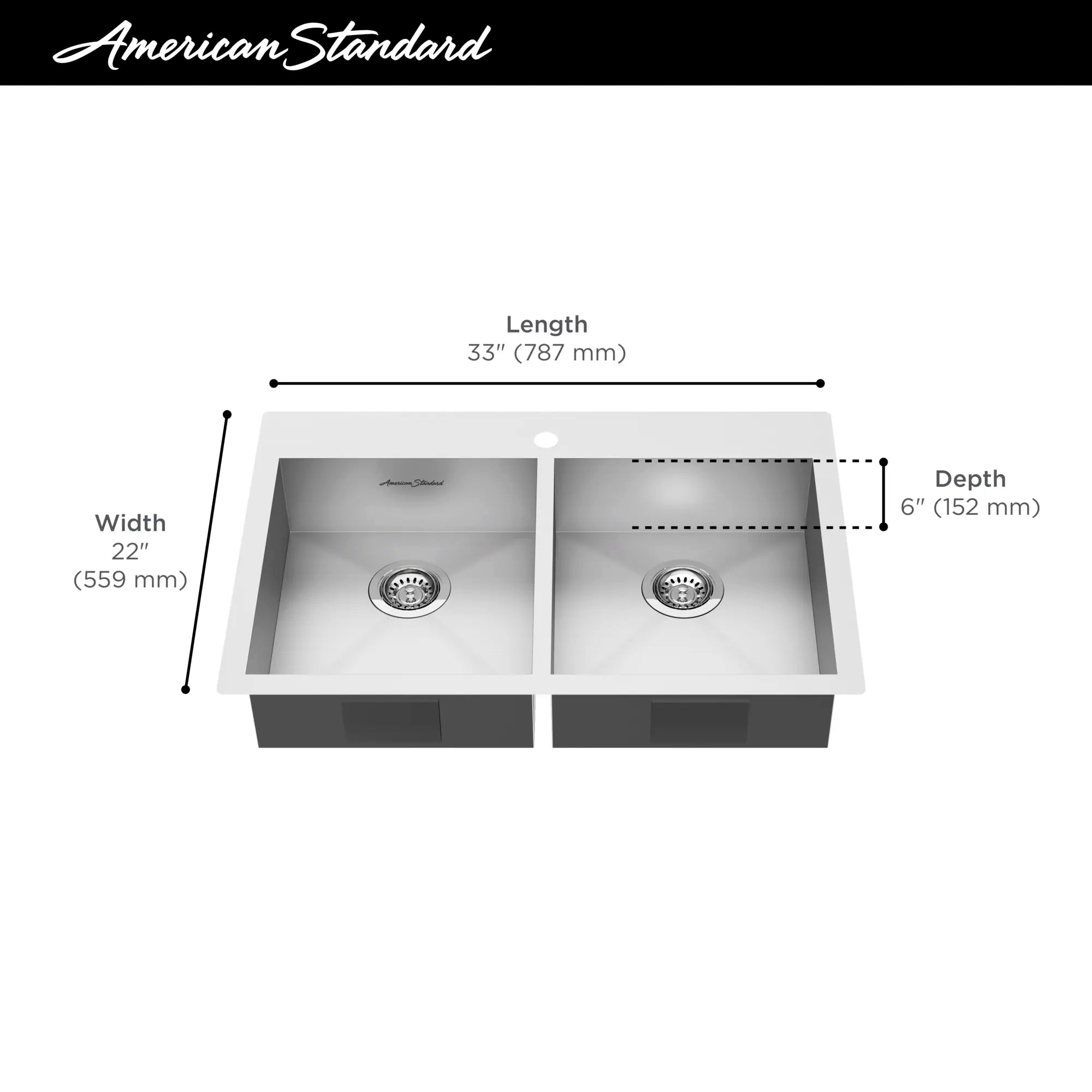 Edgewater® 33 x 22 Inch Stainless Steel 1 Hole Dual Mount Double Bowl ADA Compliant Kitchen Sink - Perfect for Modern Homes & Restaurant Use