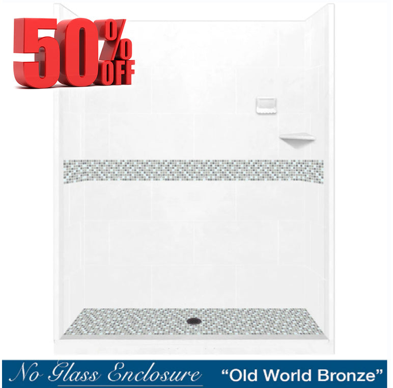 60 Alcove Natural Buff Sistine Stone & Del Mar Mosaic Accent DIY Shower Remodel Kit with Free Shampoo Niche - Bathroom Renovation Tile Set for Shower Walls and Backsplash