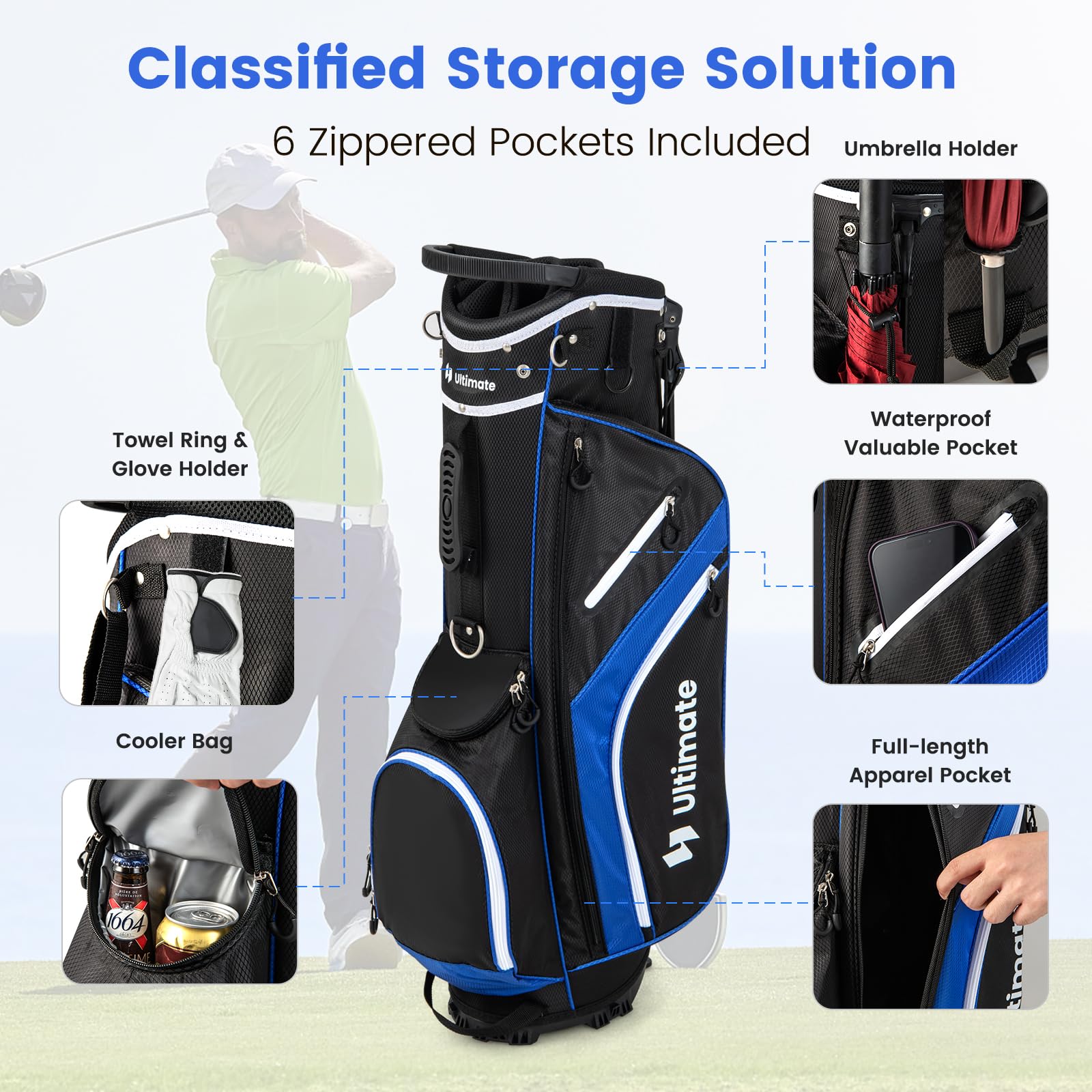 Goplus 14-Way Top Dividers Lightweight Golf Stand Bag with Cooler Pocket - 6 Zippered Pockets, Dual Shoulder Straps & Rain Hood - Portable Golf Bag for Men & Women - Perfect for Course Play, Driving Range & Travel