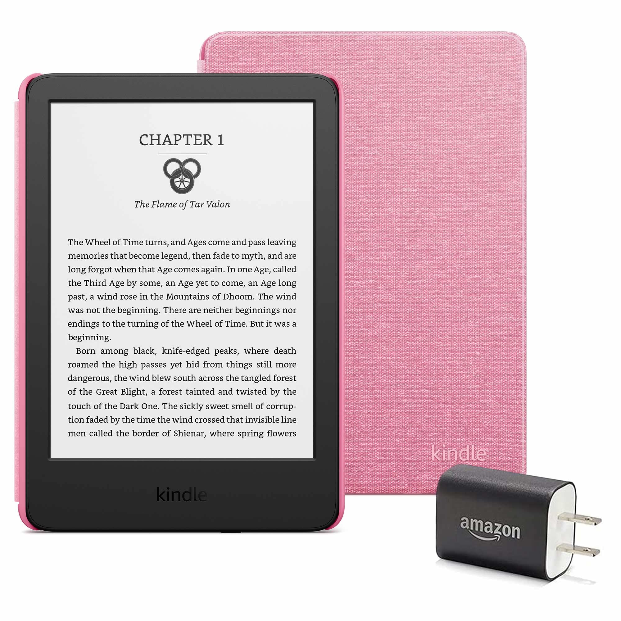 Kindle Essentials Bundle - Kindle (2022) Black No Ads + Rose Fabric Cover & Power Adapter - Perfect for Reading, Travel & Gifts