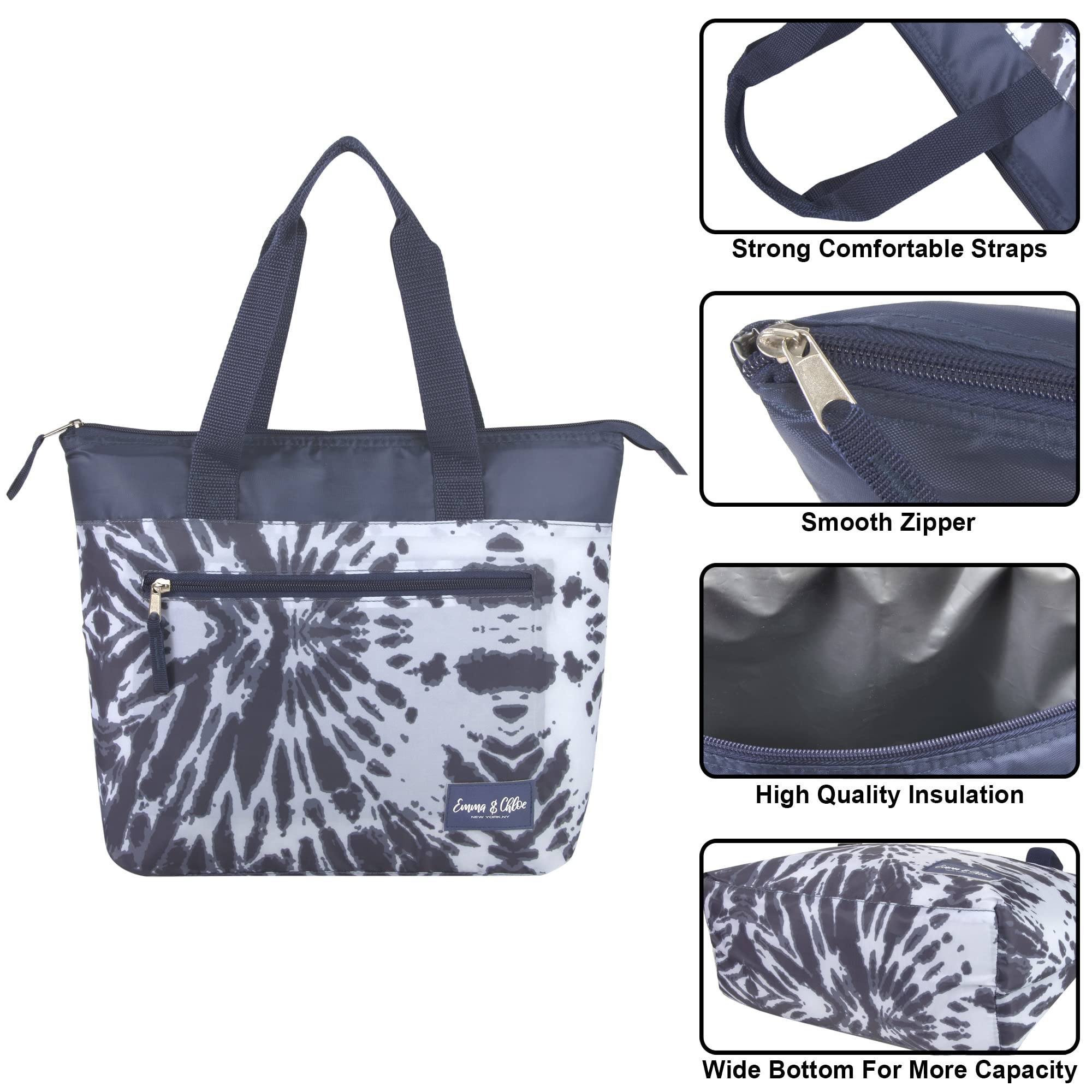 Emma & Chloe Insulated Lunch Tote for Women - 16 Can Cooler Bag with Pockets, Extra Large Reusable Grocery Tote for Picnics, Beach, Work & Outdoor Activities (Grey Tie Dye)