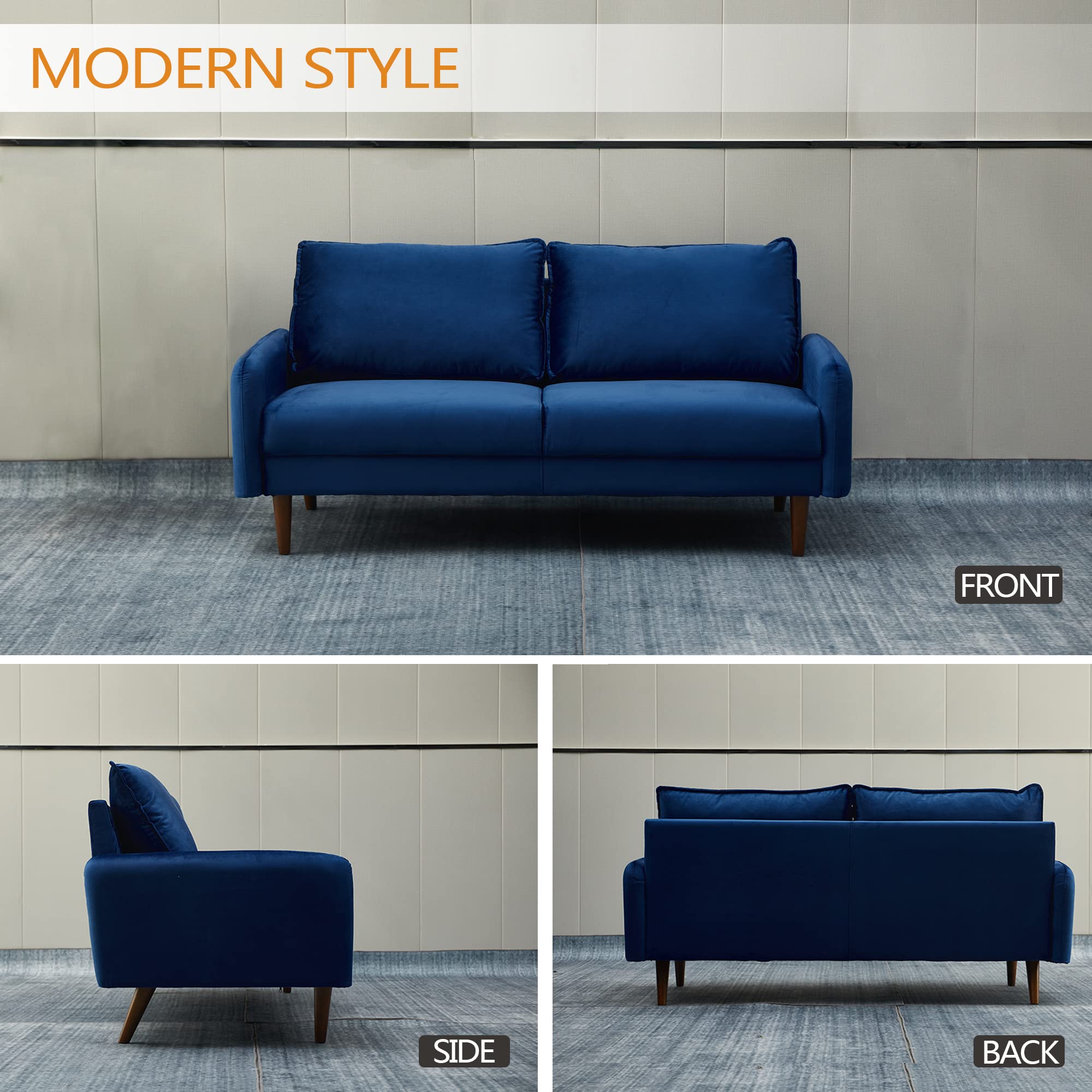 Mid-Century Modern Velvet Sofa with Wooden Legs - Space Blue Upholstered Living Room Couch for Small Spaces, Apartments & Cozy Home Decor