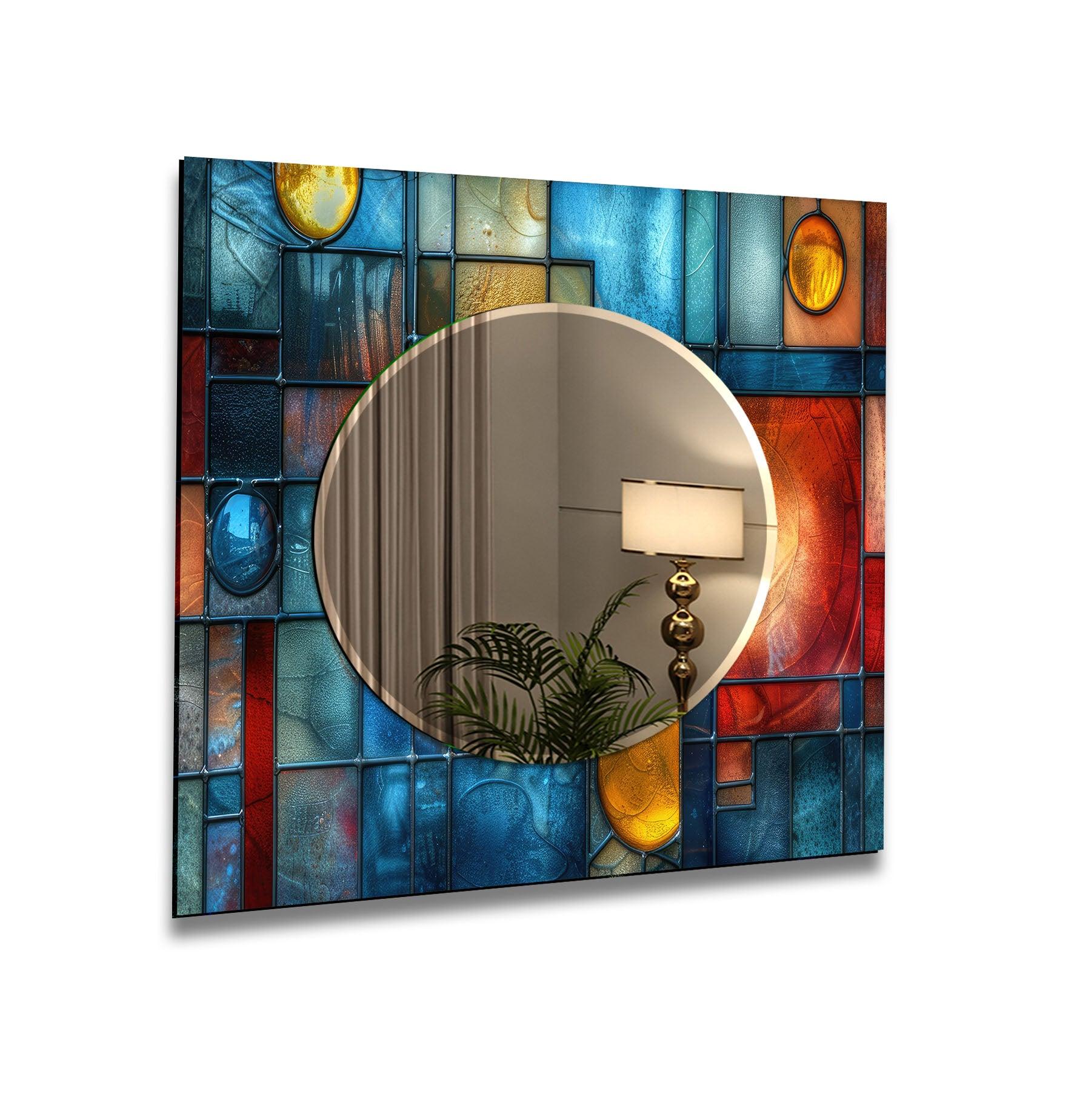 Blue and Red Stained Wall Mirrors - Vintage Decorative Mirror for Living Room, Bedroom & Entryway - Handcrafted Glass Wall Art for Home Decor