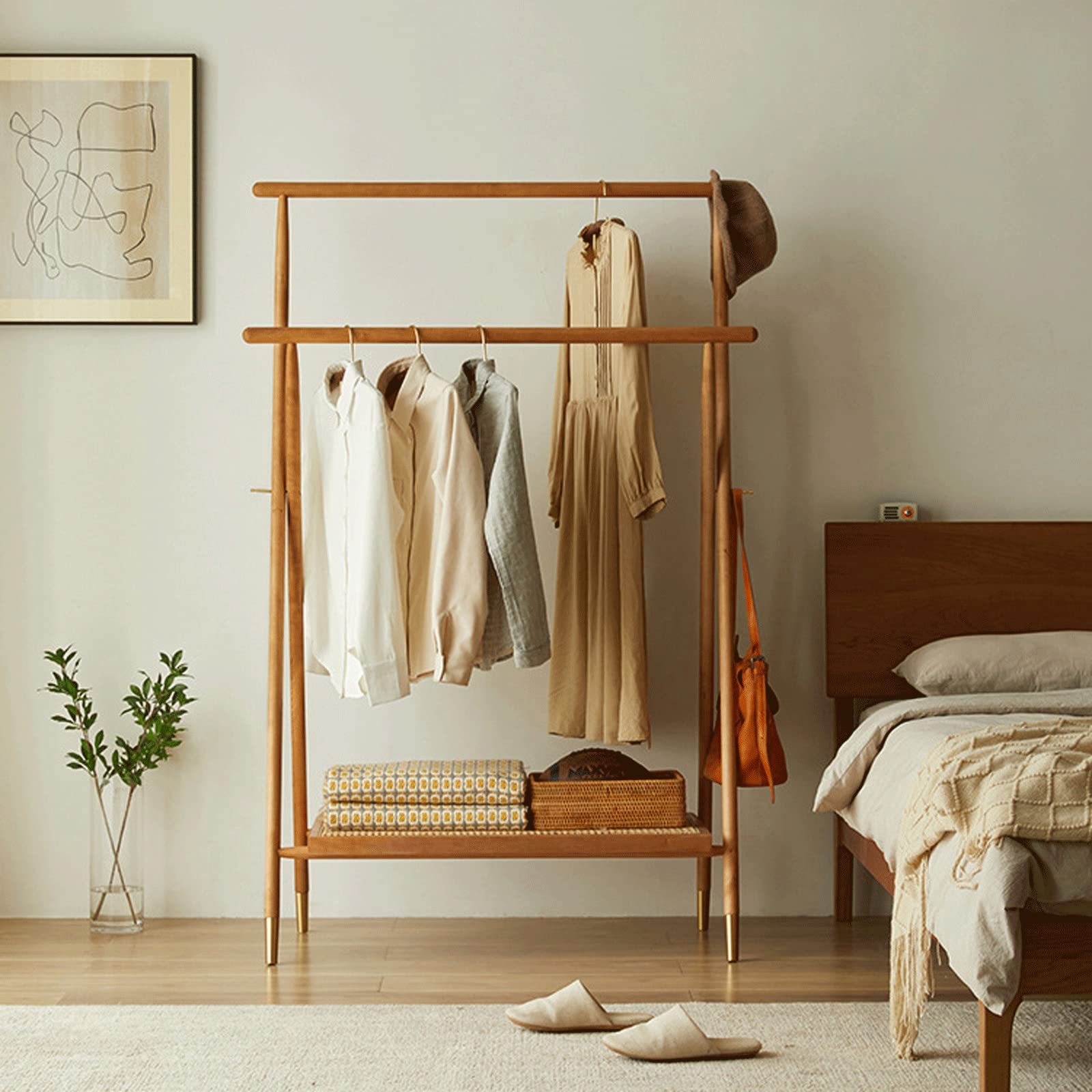 BYZHP Solid Wood Coat Rack - Multifunctional Folding Coat Hanger with Storage Shelf for Jackets, Hats, Bags & Accessories (110cm) - Perfect for Entryway, Bedroom & Closet Organization
