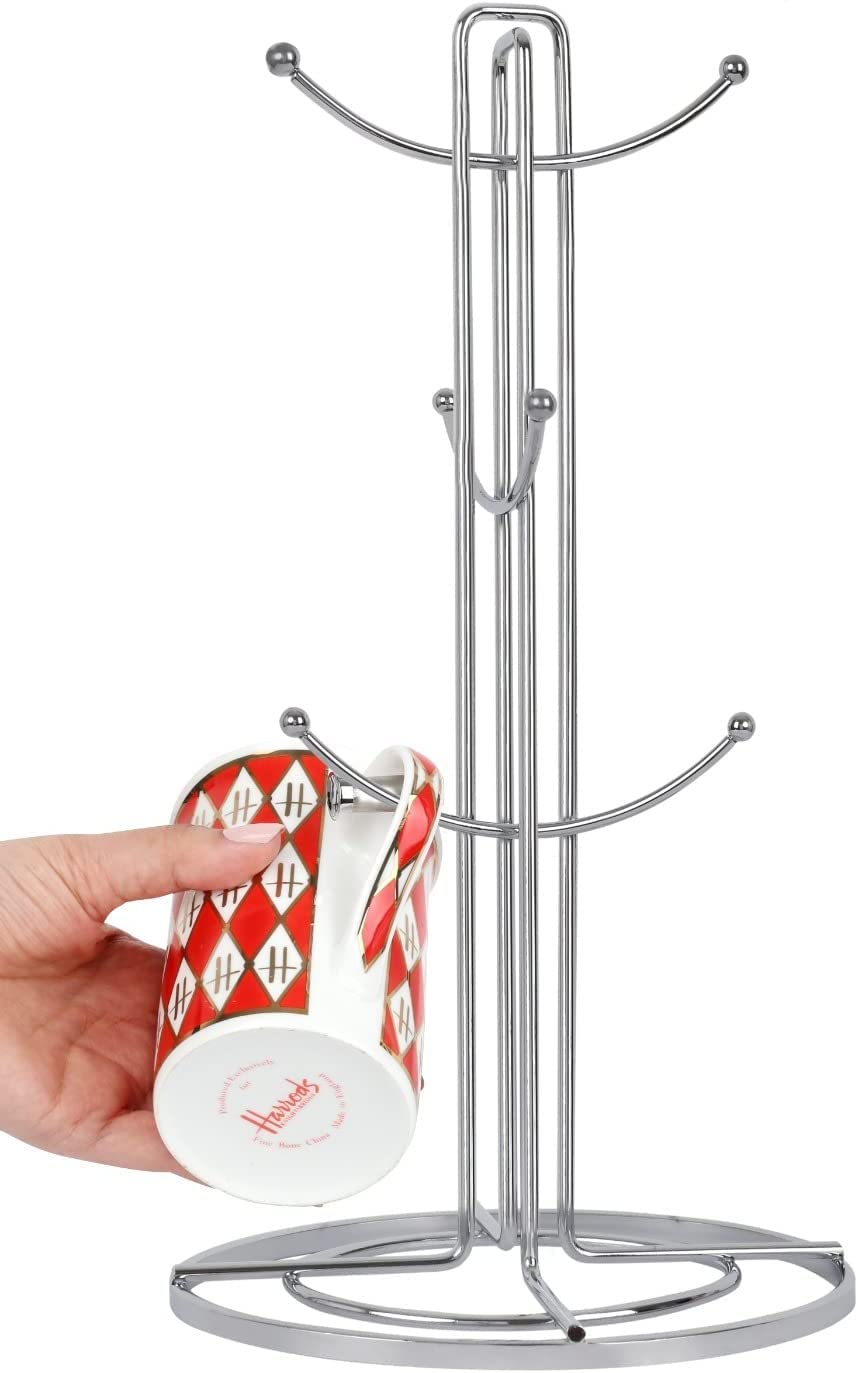 Premium Stainless Steel Cup Mug Tree Stand & Paper Towel Holder Set of 6 - Space-Saving Kitchen Storage Rack for Coffee & Tea Cups - Ideal for Small Kitchens, Office Break Rooms & Dorm Organization (Silver)