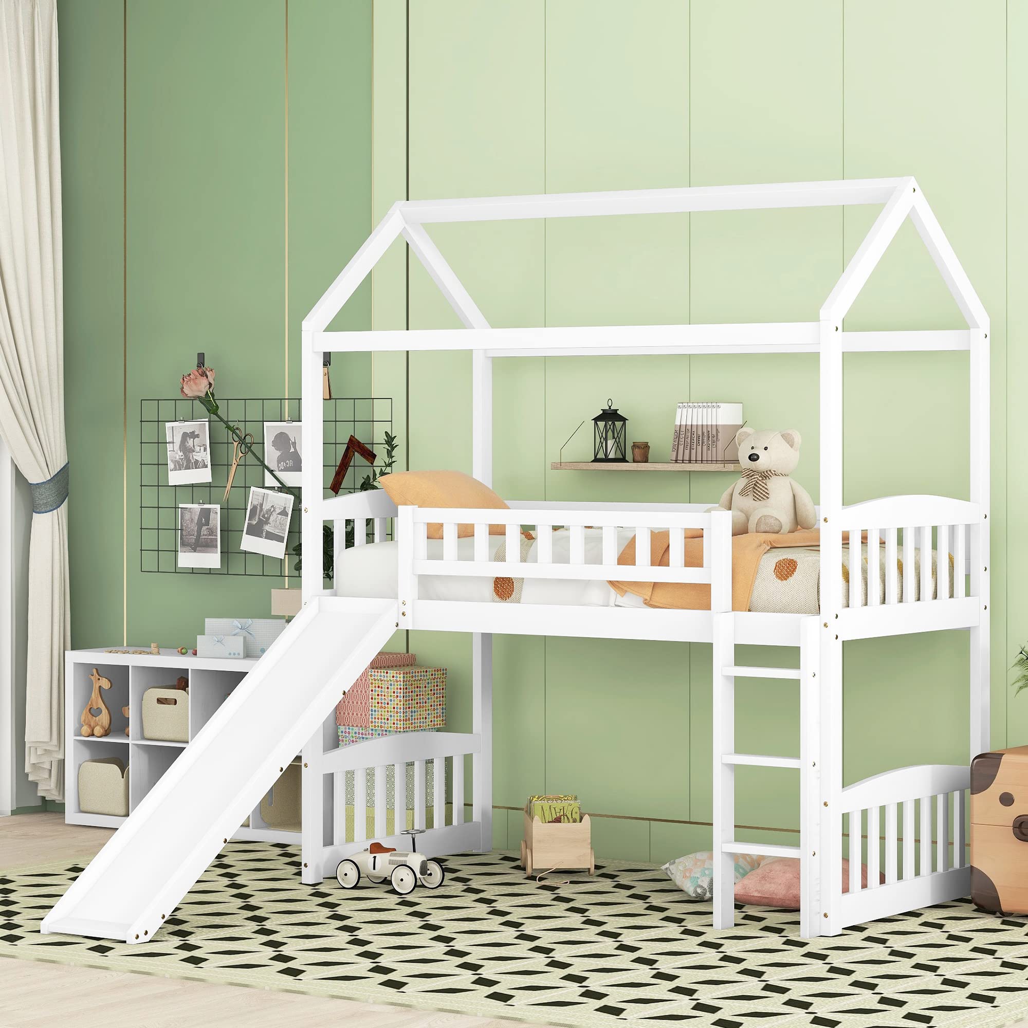 **White Wooden Twin Loft Bed with Slide & Ladder for Kids - Space-Saving House Loft Bed Frame for Boys & Girls Bedroom, No Box Spring Needed - Perfect for Small Rooms, Play Areas & Sleepovers**