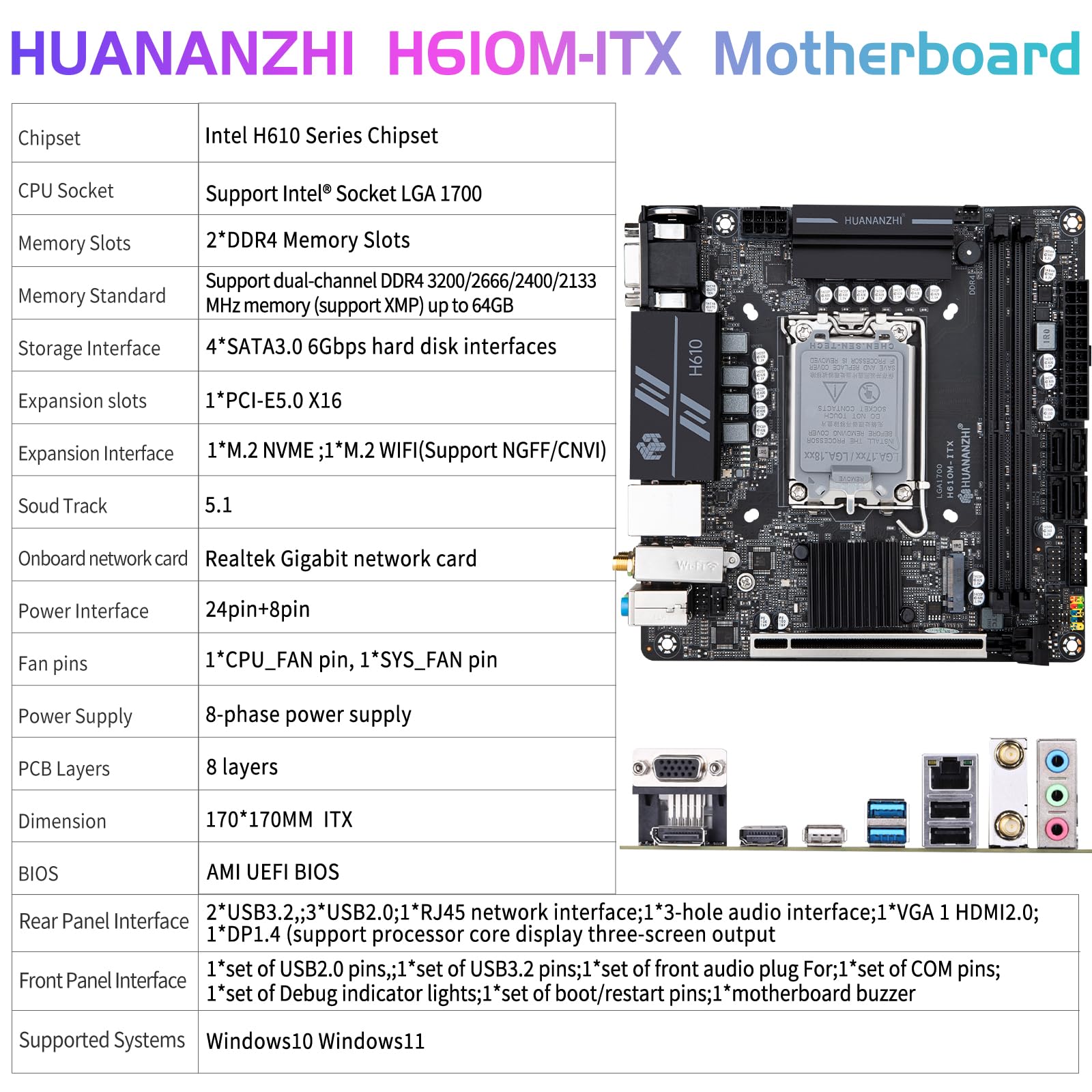 H610M-ITX Motherboard - High Compatibility, Multiple Expansion Ports, Premium Audio & Durable Power Design for Gaming PC, Home Theater & Office Workstations