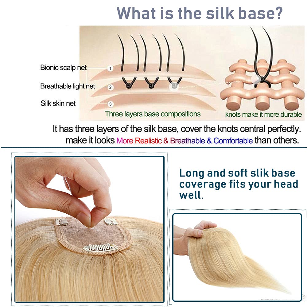 SEGO 100% Real Human Hair Toppers for Women - No Bangs Clip-In Hairpiece for Thinning Hair, 150% Density Silk Base with 3 Clips - Perfect for Hair Loss Coverage & Gray Hair Concealment | Great for Daily Wear, Special Occasions & Confidence Boosting