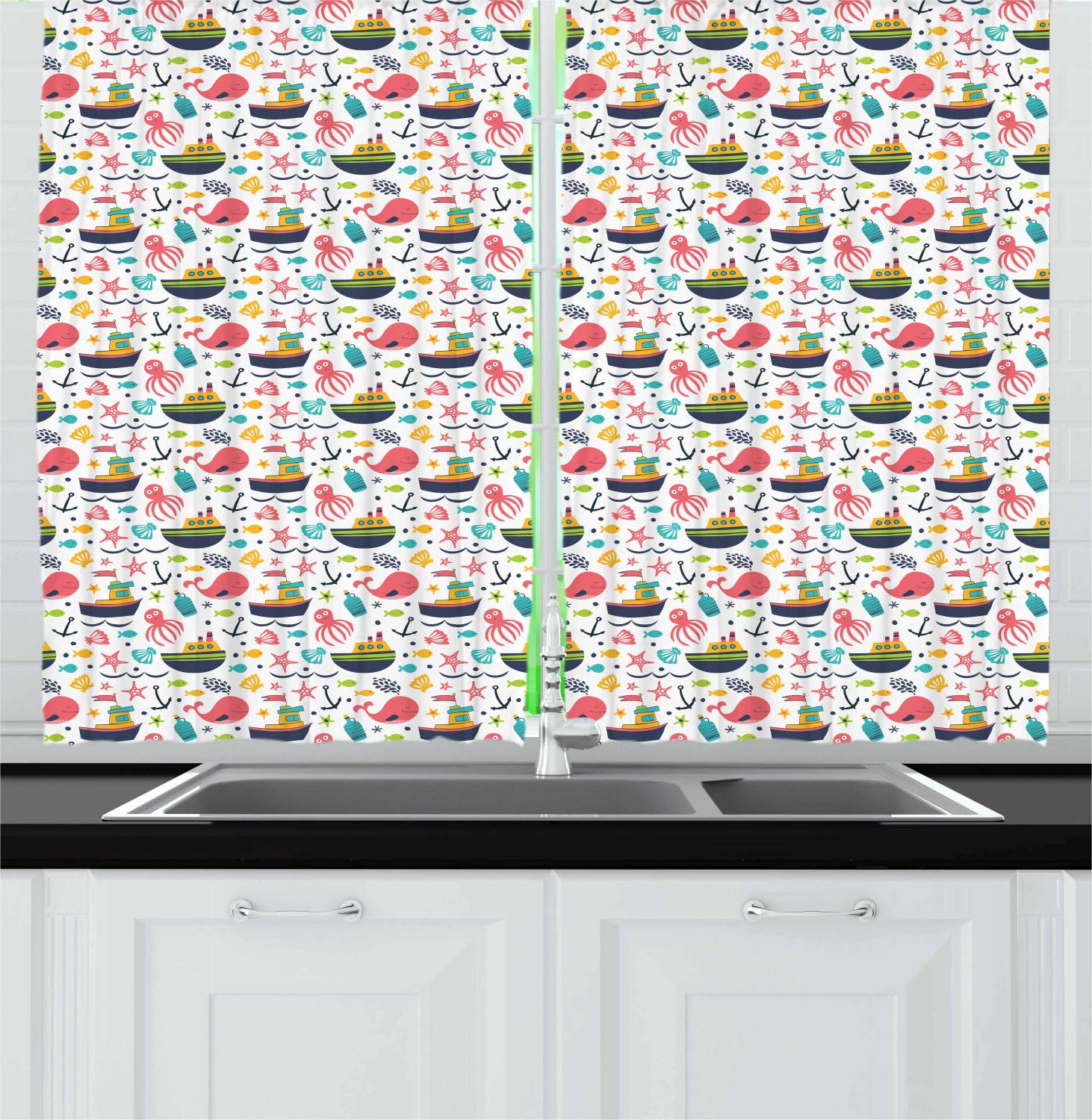 Ambesonne Octopus Kitchen Curtains Set of 2 Panels - Nautical Steamboat Anchor Sea Starfish Seashells Design, 55 x 39 Inch Coastal Beach Theme Window Drapes for Kitchen, Cafe, Dining Room & Bathroom Decor - Multicolor Summer Style Pattern