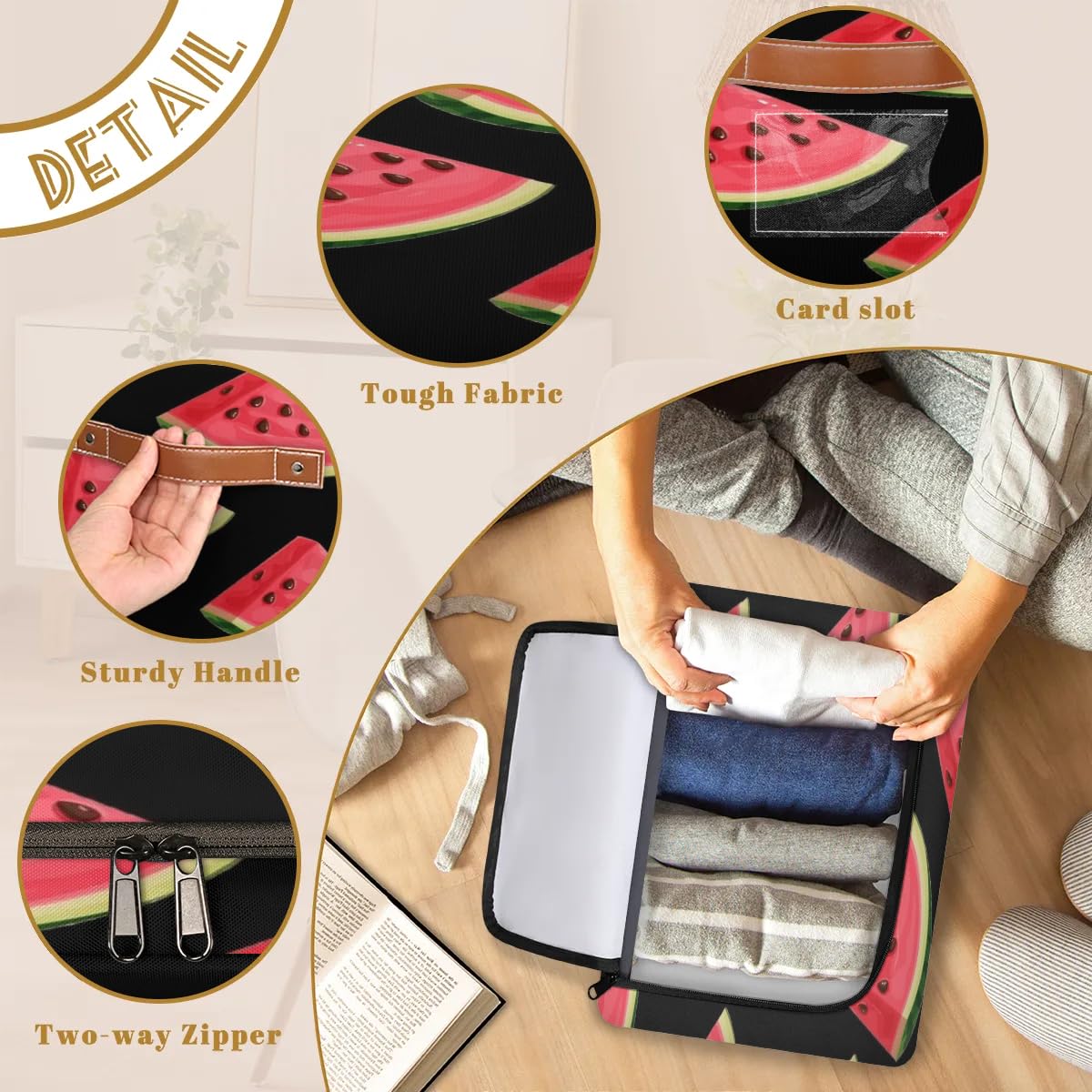 Watermelon Pattern Foldable Storage Bins with Zipper Lid - 2 Pack Fabric Storage Baskets for Clothes, Blankets, Toys | Collapsible Closet Organizer with Handles | Perfect for Bedroom, Nursery, and Playroom Organization