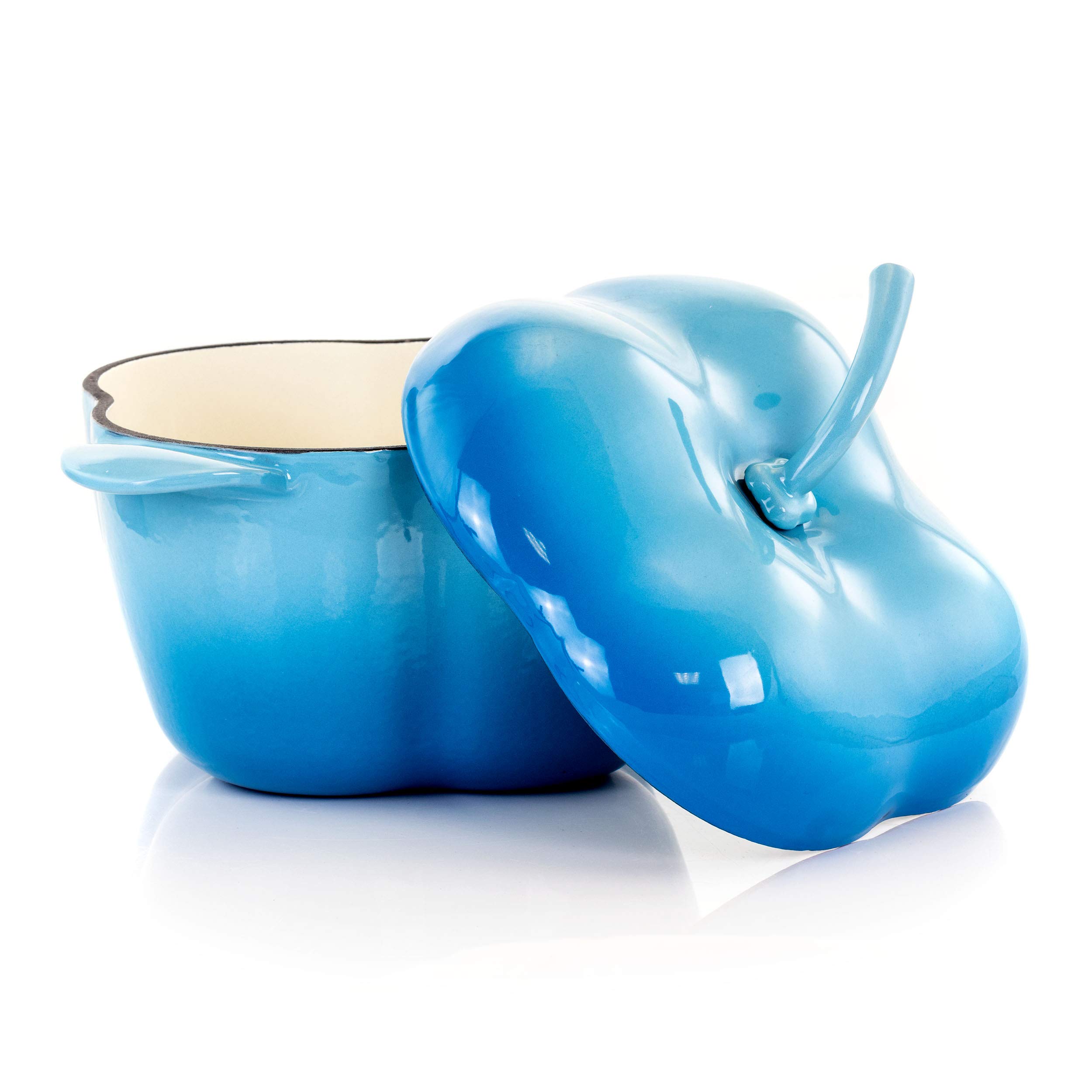 MegaChef Blue 3 Quart Enamel Cast Iron Casserole Pot - Pepper Shaped Dutch Oven for Baking, Stewing & Serving - Perfect for Kitchens, Camping & Gifts
