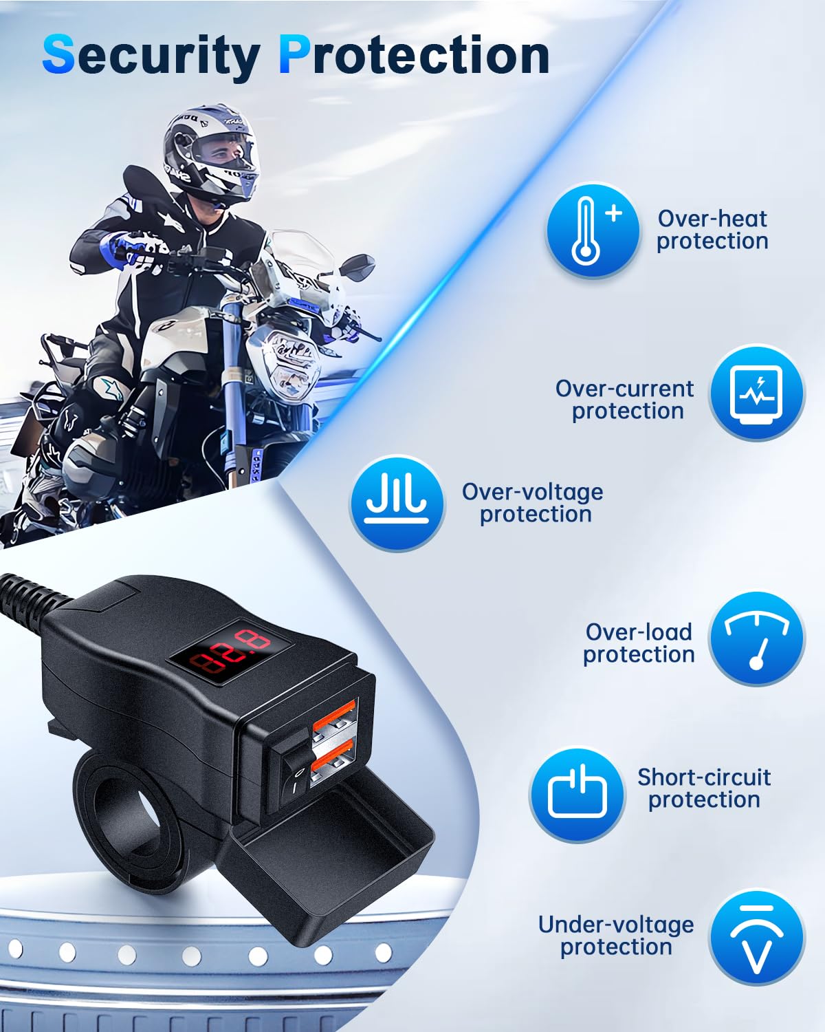 EXTRACTME Motorcycle USB Charger - Dual Port Quick Charge 3.0 with Voltmeter & ON/OFF Switch - Waterproof Phone Charger for Motorcycles - Compatible with iPhone, Android, Tablet & GPS Devices - Perfect for Road Trips, Commuting & Adventure Riding (Red)