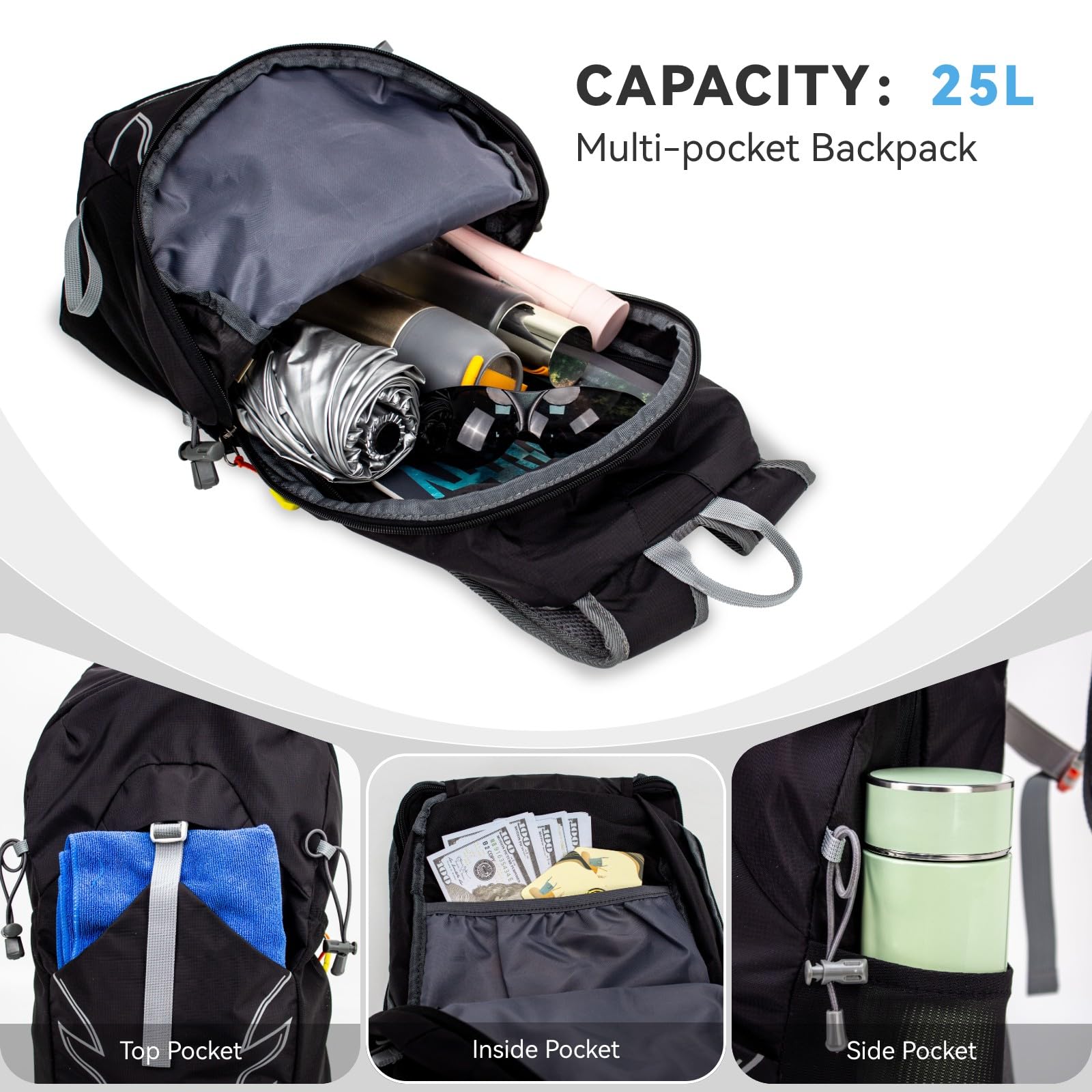 **25L Lightweight Hiking Backpack - Foldable Daypack for Hiking, Cycling, Travel & Camping | Hydration Compatible, Durable & Compact for Outdoor Adventures**