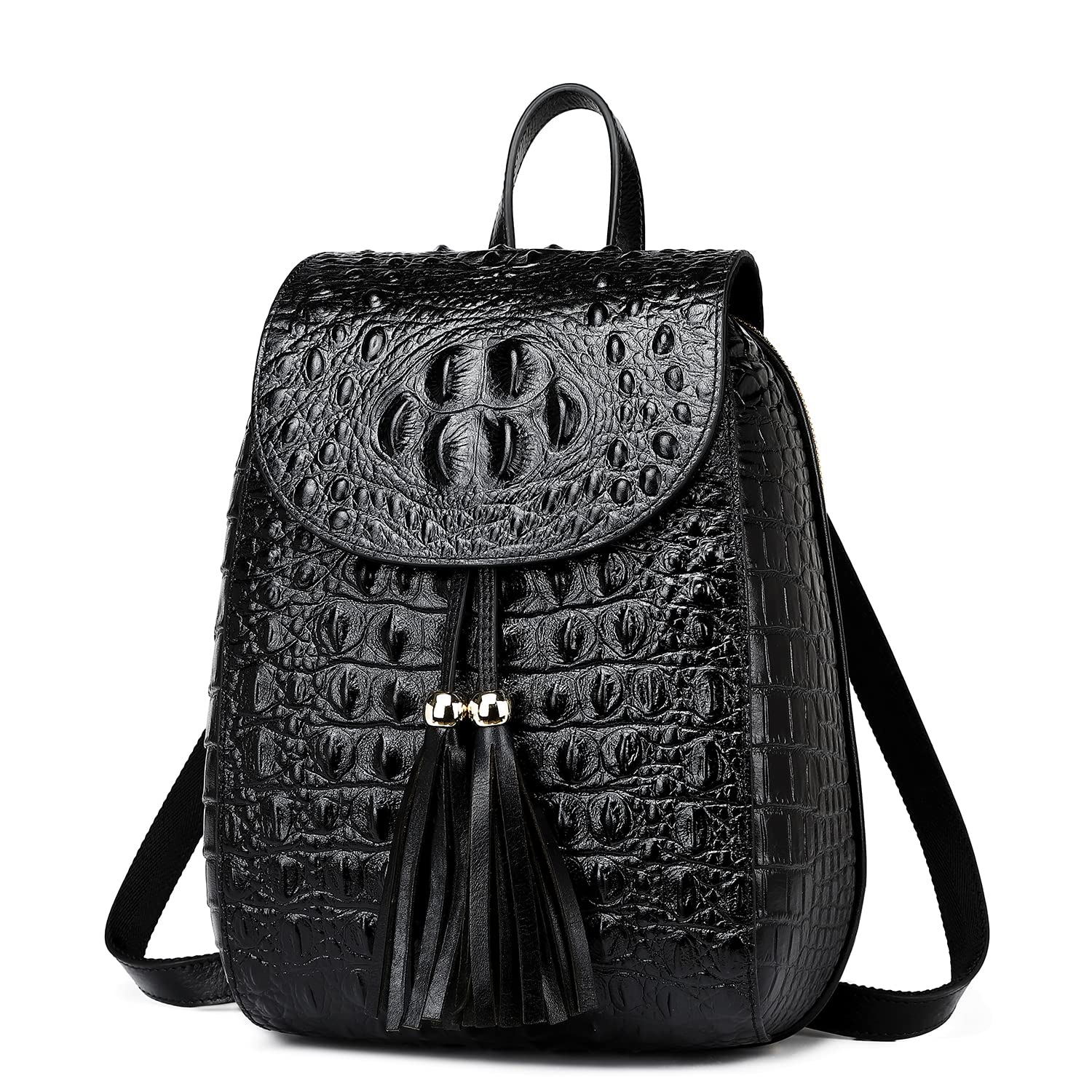 COOLCY Women's Small Genuine Leather Backpack Purse - Crocodile Embossed Designer Handbag (Black) for Work, Travel & Daily Use