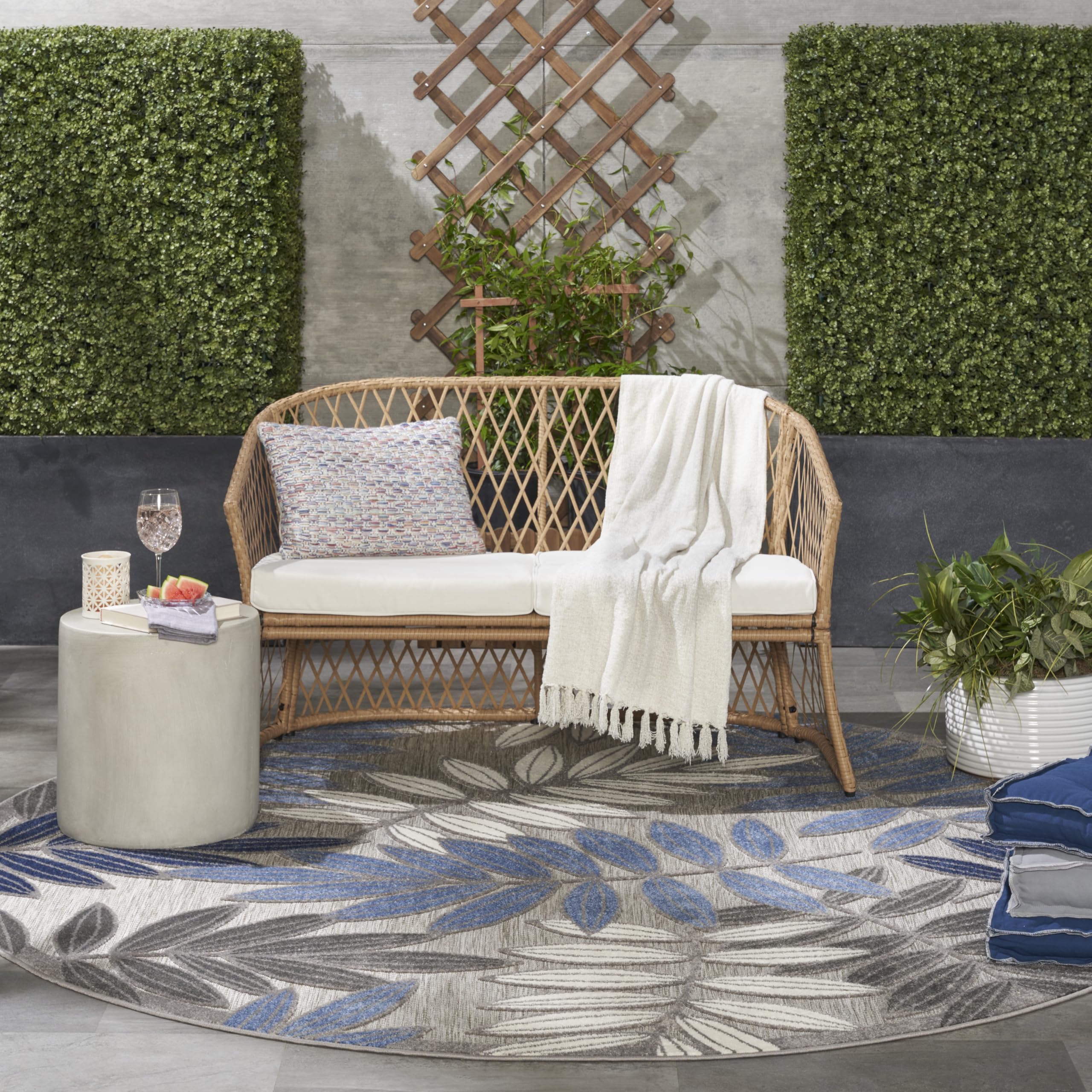Nourison Aloha 8' Round Indoor/Outdoor Area Rug - Easy Clean, Non-Shedding, Stain Resistant - Perfect for Bedroom, Living Room, Dining Room, Backyard, Deck & Patio - Soft Grey & Blue Design for Coastal & Boho Decor