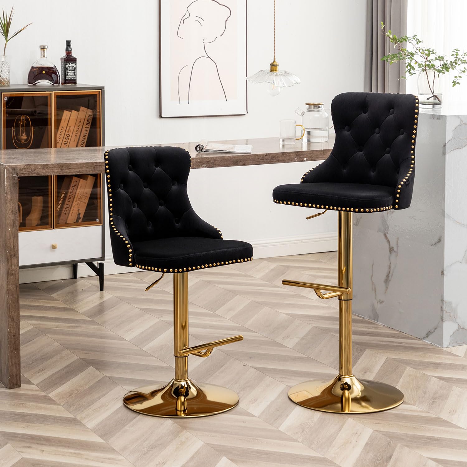 4 Pack Swivel Bar Stools with Button Tufted & Nailhead Trim - 24