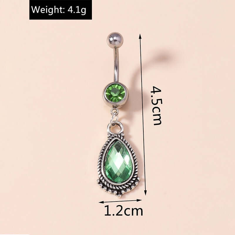 Green Zircon Teardrop Dangle Belly Button Rings | Surgical Steel Navel Piercing Jewelry | Perfect for Belly Dance, Beach Wear & Summer Fashion