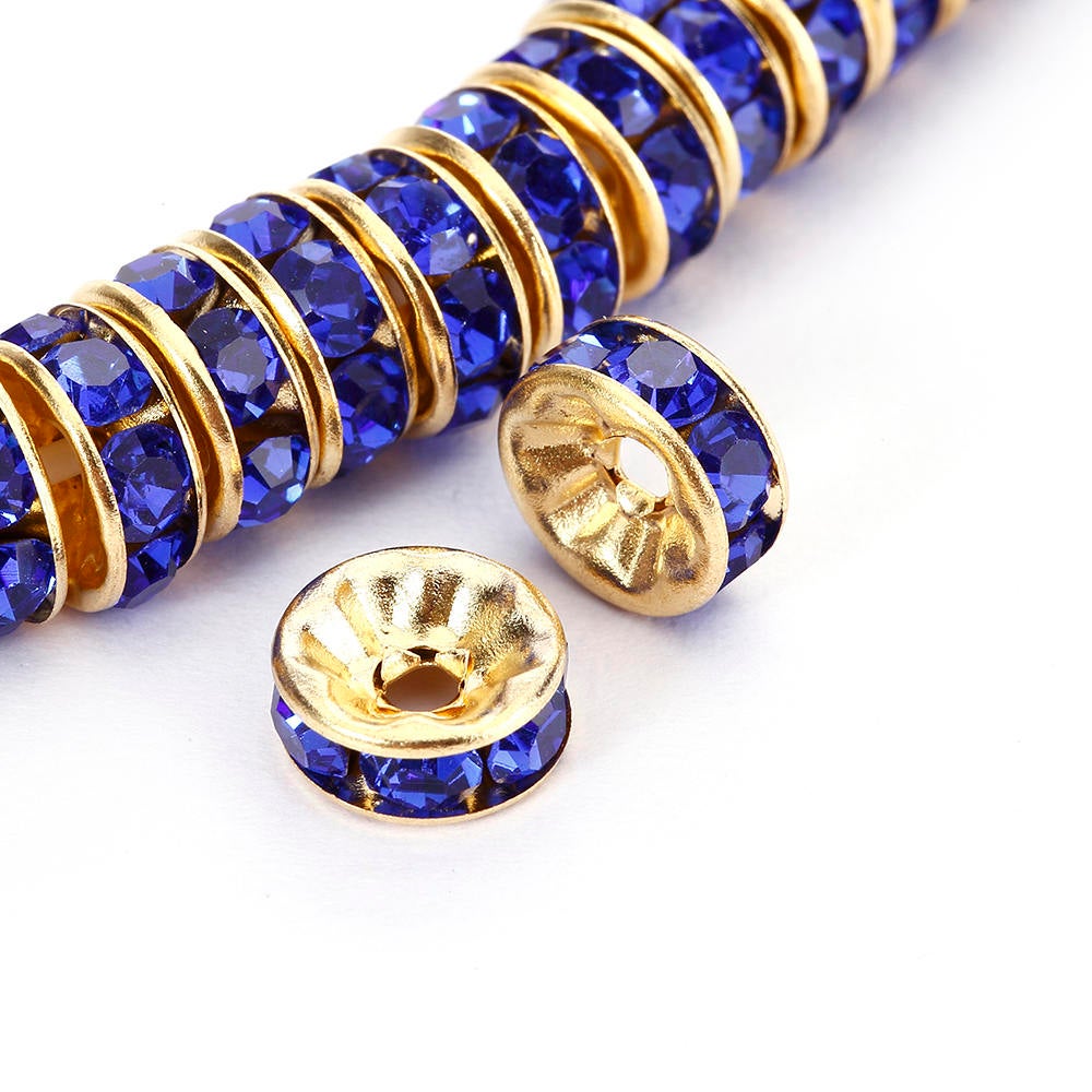 Dark Blue Rhinestone Rondelle Spacers Beads - Gold or Silver Plated (4mm, 6mm, 8mm, 10mm) - 50pcs per Bag - Perfect for Jewelry Making, DIY Bracelets, Necklaces & Craft Projects