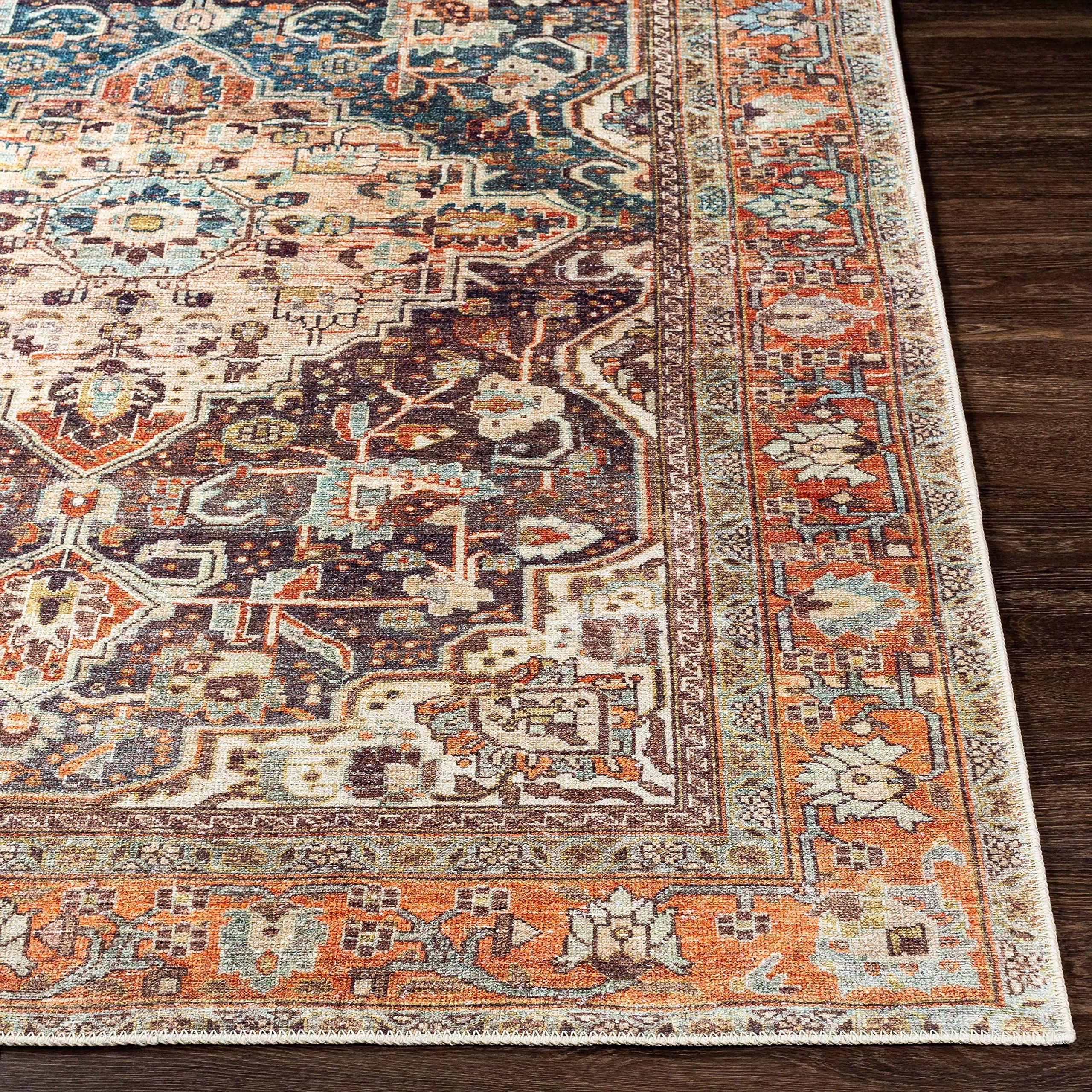 Hauteloom Portlaw Machine Washable Area Rug - Traditional Design in Gray, Blue, Red - 6'7