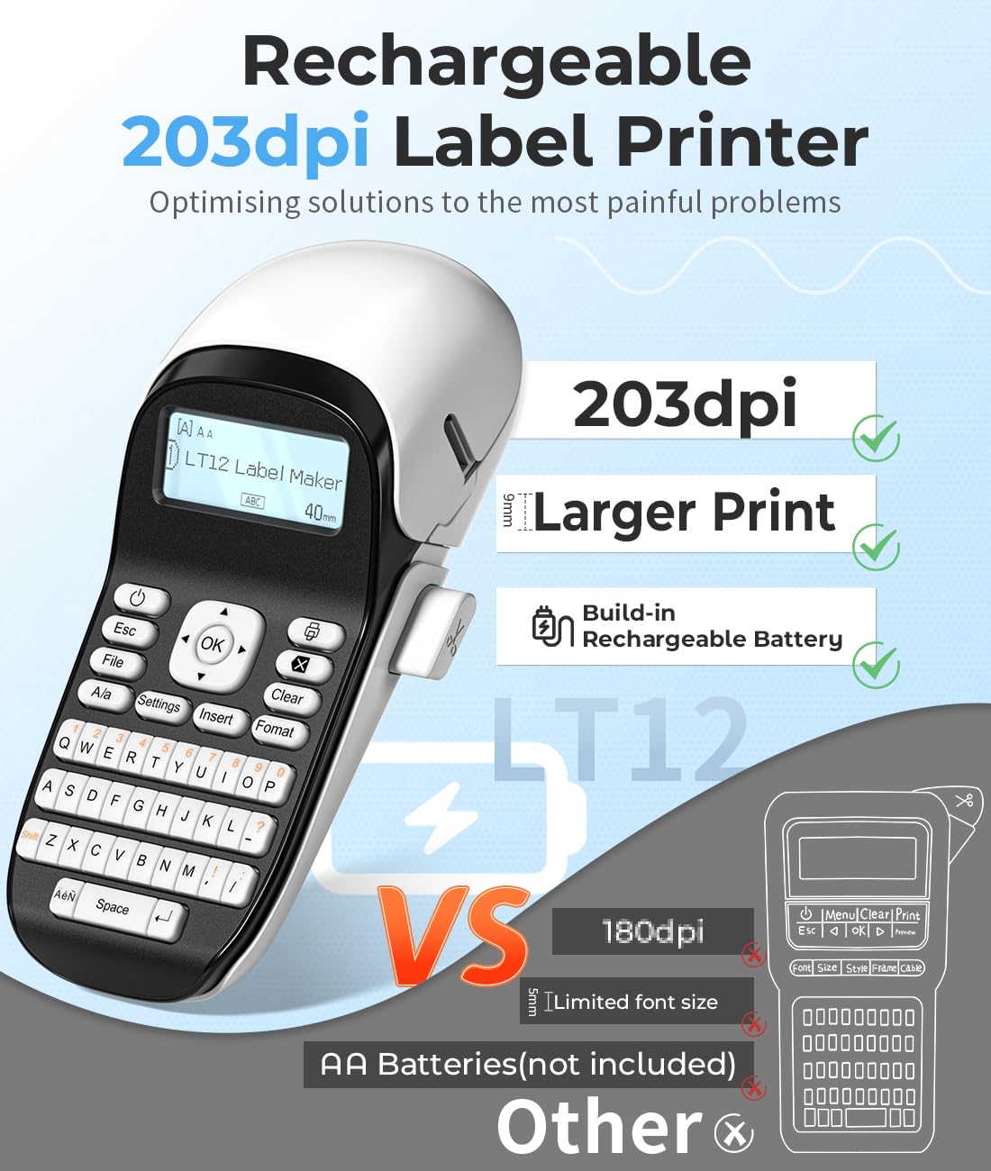 Phomemo LT-12 Portable Bluetooth Label Maker with QWERTY Keyboard - Rechargeable Handheld Label Printer for Home & Office Organization - Multiple Borders & Icons - Perfect for Pantry Labels, Storage Bins & File Folders