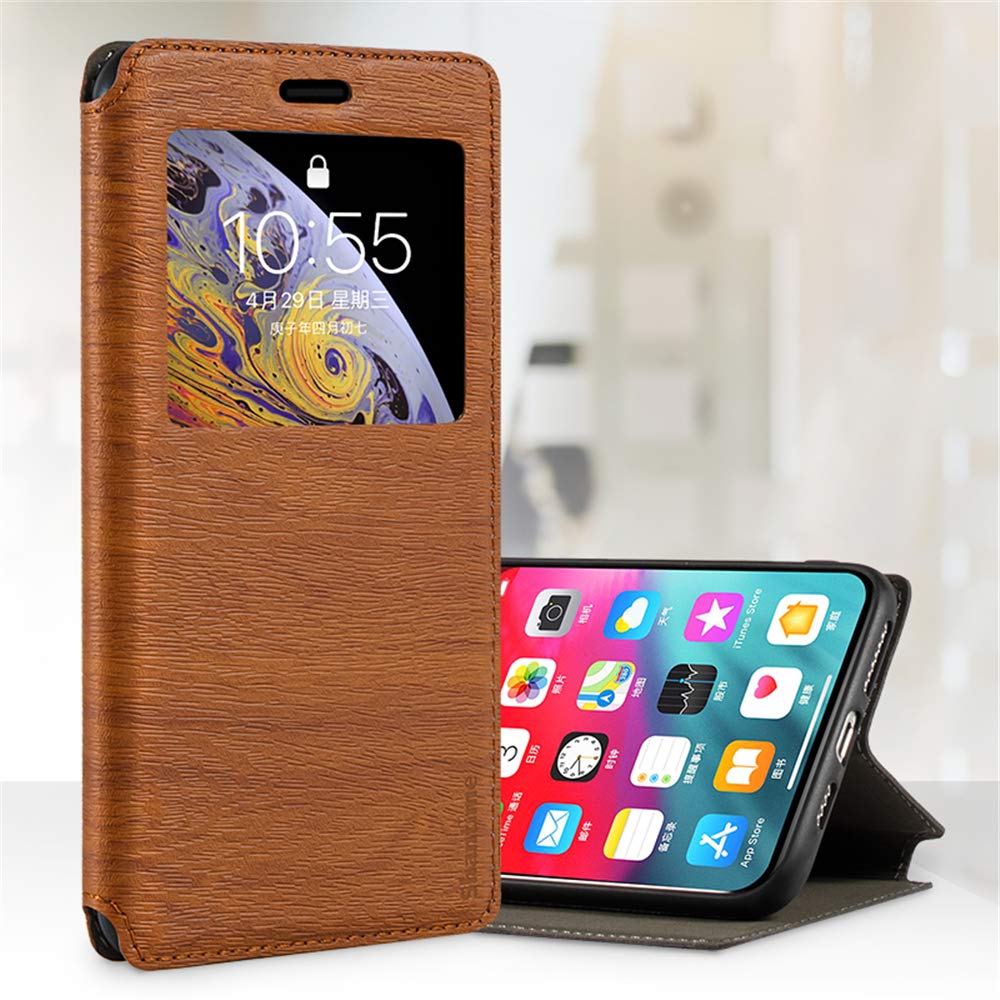 Premium Wood Grain Leather Magnetic Flip Cover with Card Holder & Window for Xiaomi Mi Max 3 Pro - Slim Protective Case for Business & Travel (Brown)